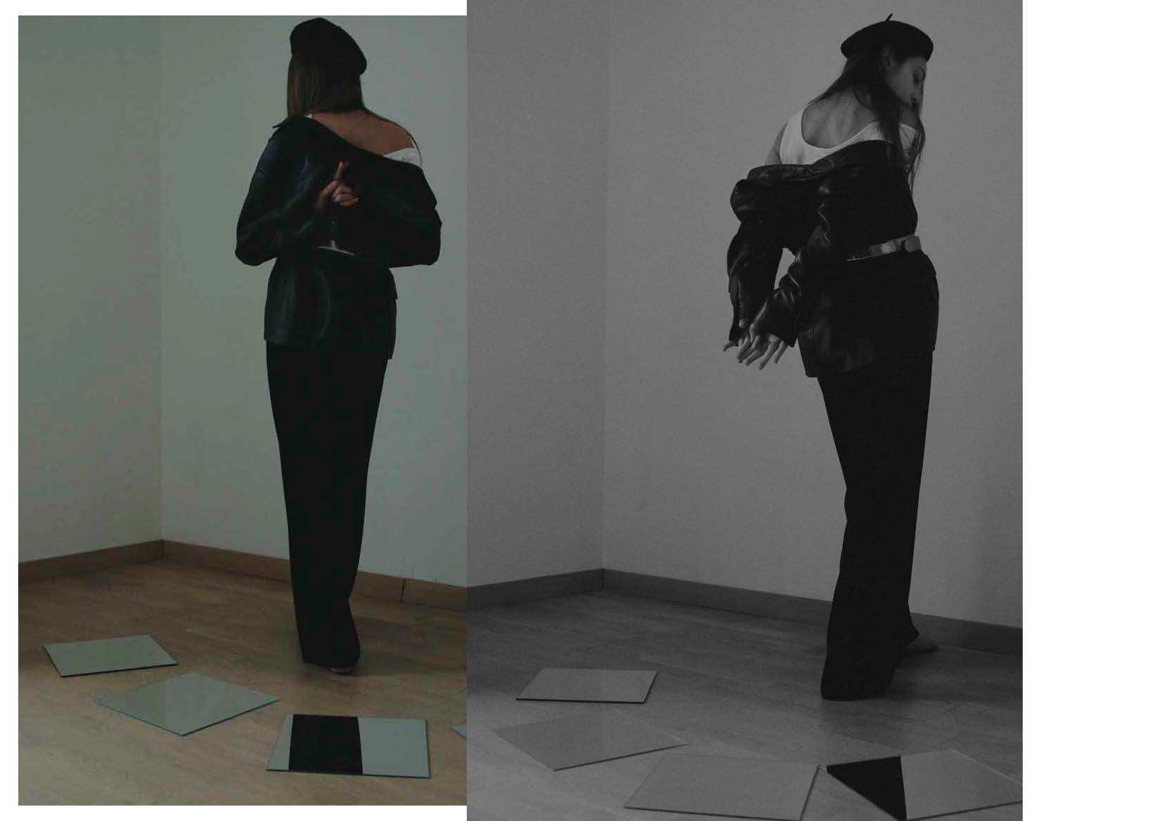 jacket KENZO VINTAGE SELECTION, asymmetrical top JACQUEMUS, black trousers LUCIO VANOTTI, silver belt and black hat à la français STYLIST ARCHIVE