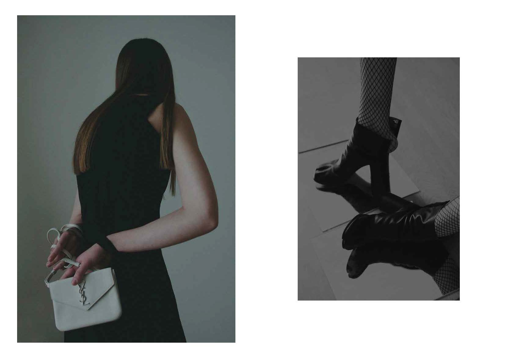panel black dress COS, trio mini-bag SAINT LAURENT, right tabi boots MAISON MARTIN MARGIELA, fishnet stockings STYLIST ARCHIVE