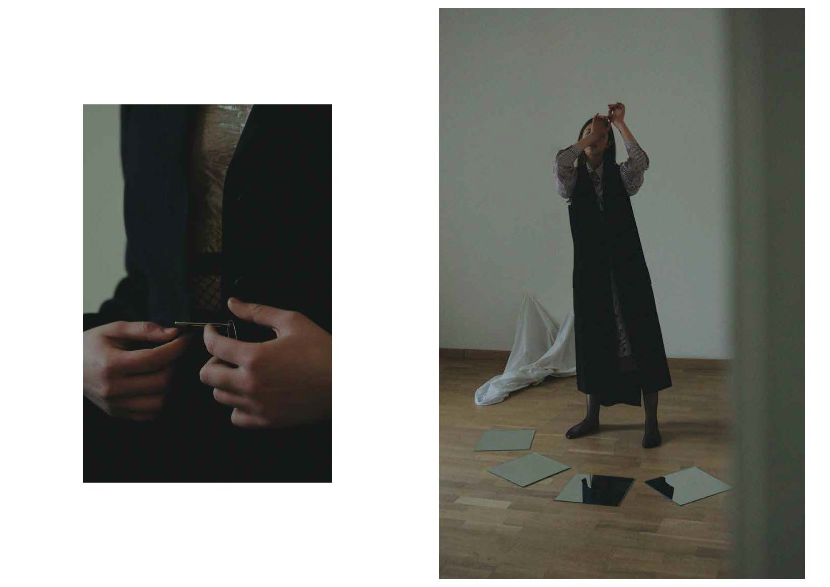 blazer GIANFRANCO FERRE’ VINTAGE SELECTION, fishnet stockings STYLIST ARCHIVE right: deconstrcted long gilet and stripes shirt LUCIO VANOTTI