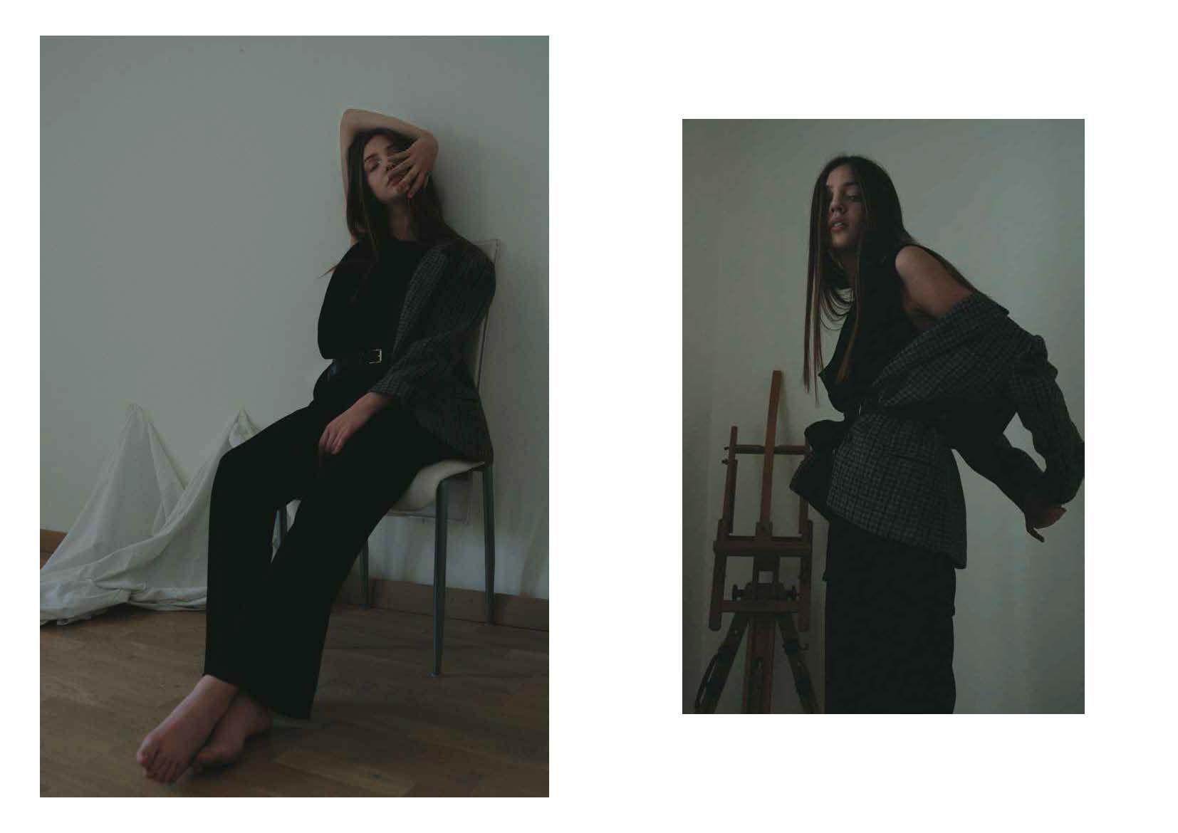 blazer STYLIST ARCHIVE, black top ANN DEMEULEMEESTER, black trousers LUCIO VANOTTI, belts STYLIST ARCHIVE