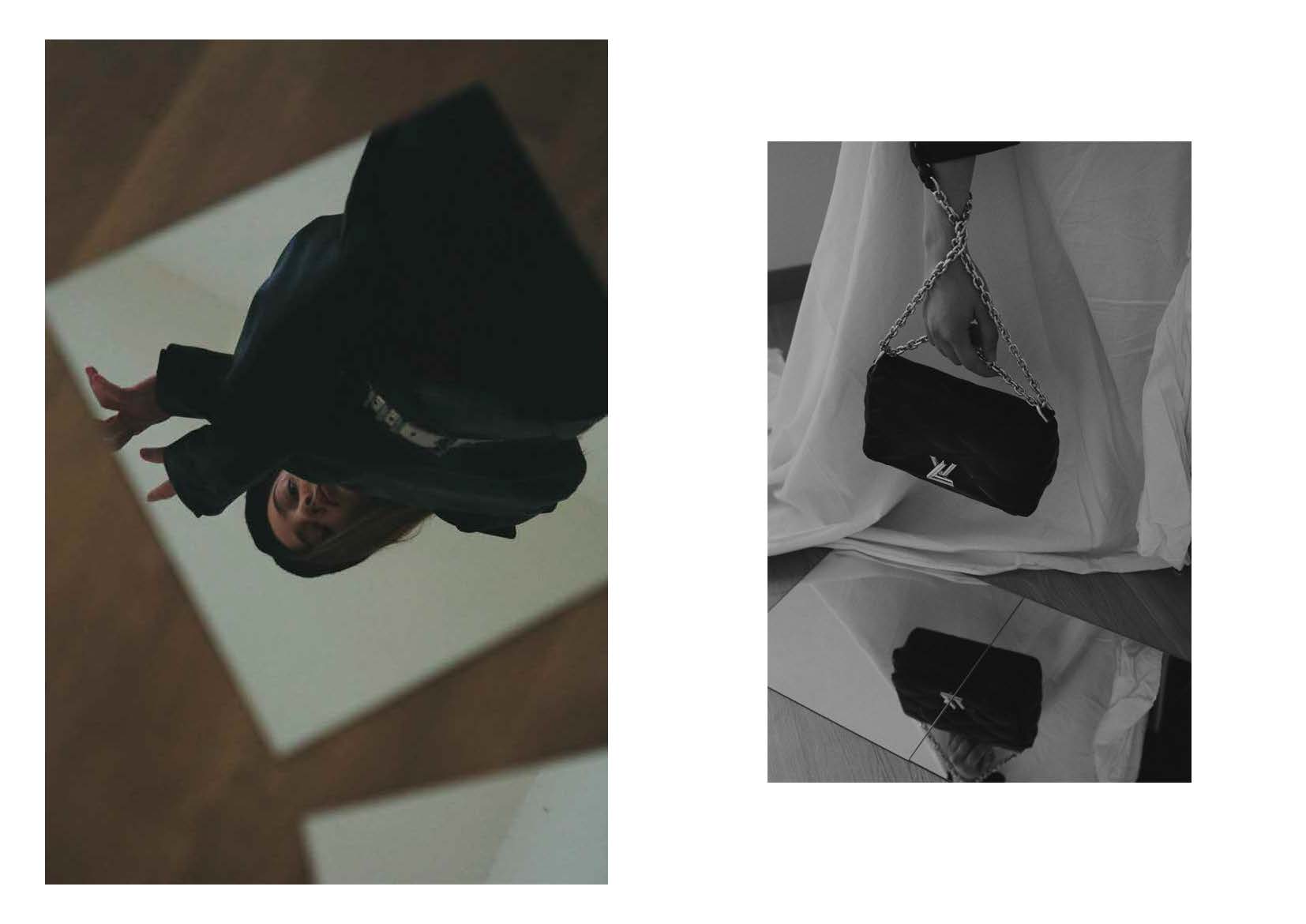 jacket KENZO VINTAGE SELECTION, asymmetrical top JACQUEMUS, black trousers LUCIO VANOTTI, silver belt and black basco STYLIST ARCHIVE, right: matelassé shoulder bag with silver chain LOUIS VUITTON