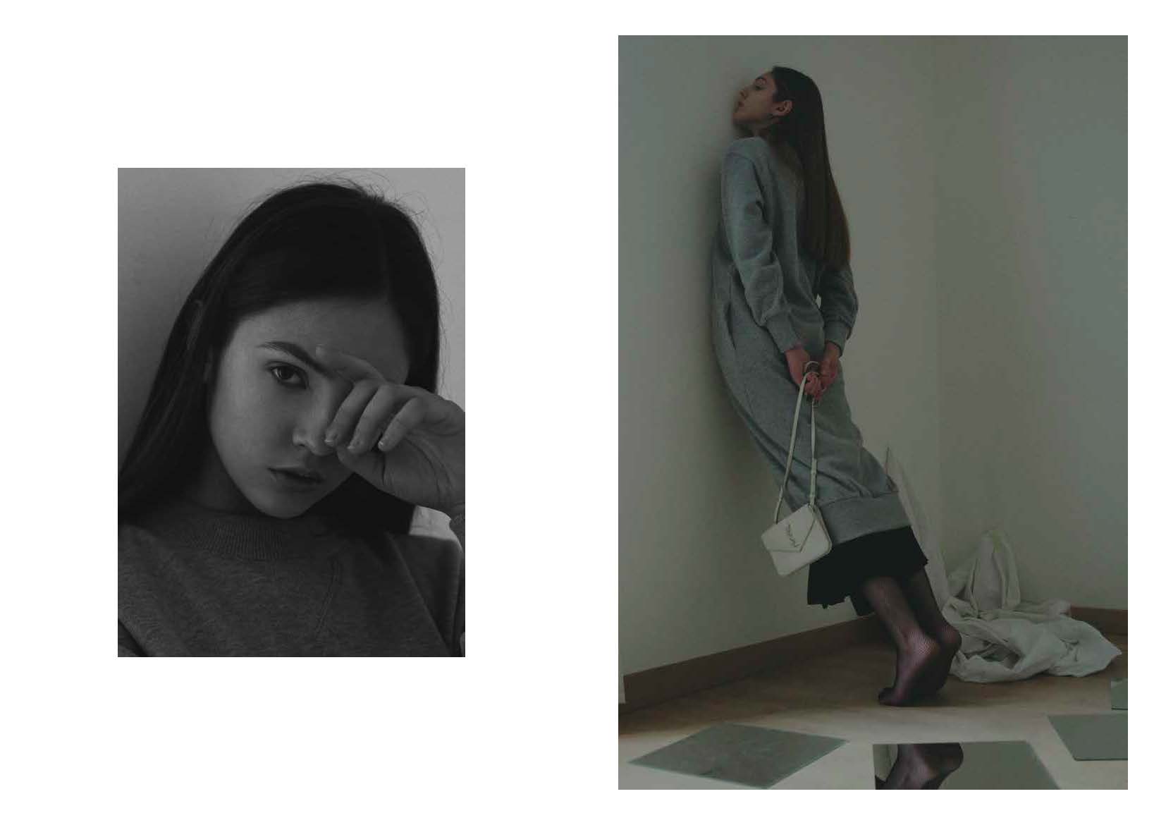 grey sweat-dress LUCIO VANOTTI, panel black dress COS, collant STYLIST ARCHIVE, trio mini-bag SAINT LAURENT