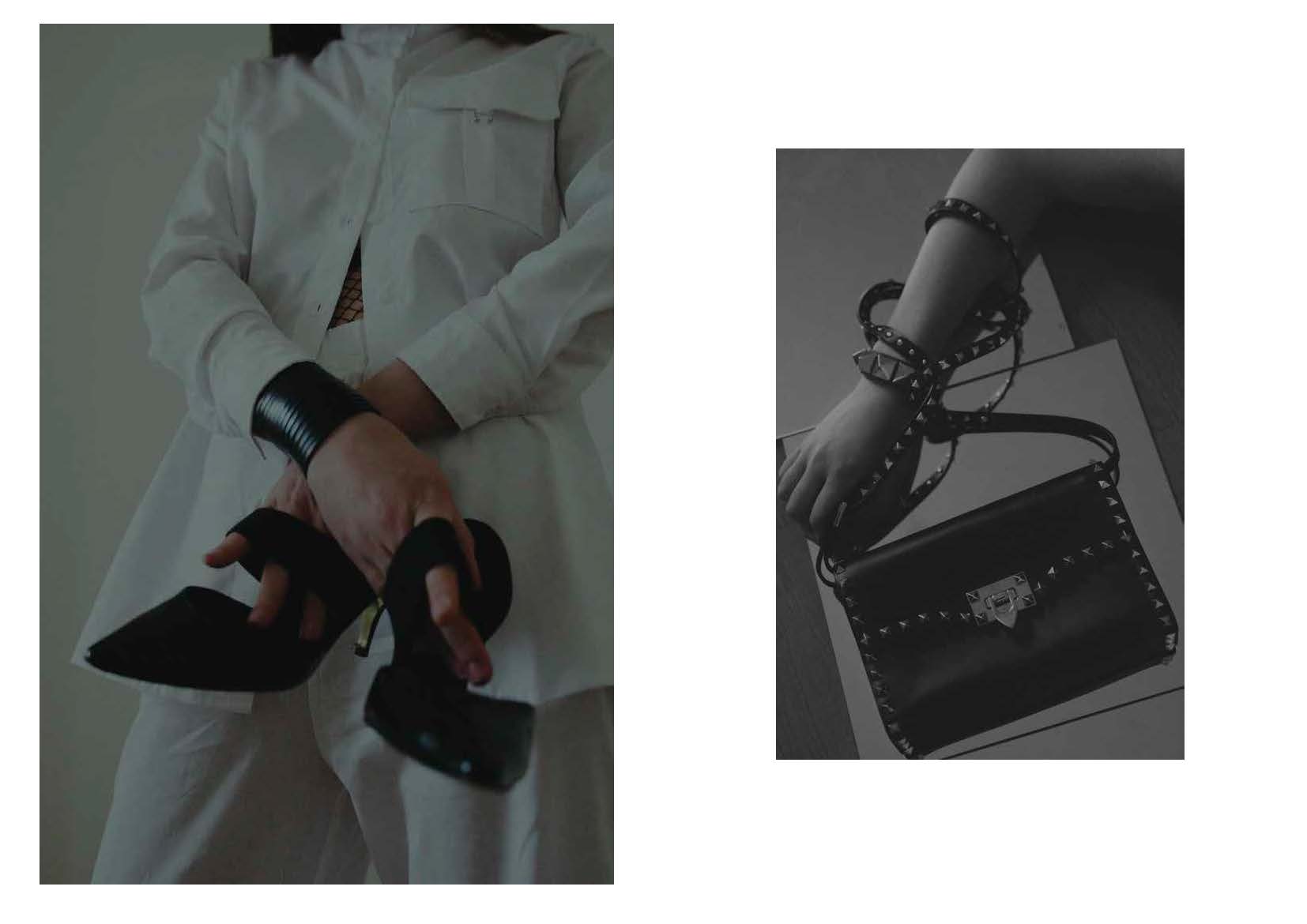 white piercing shirt VICTORIA/TOMAS, white cropped trousers LUCIO VANOTTI, fishnet stockings STYLIST ARCHIVE, patent leather décolleté STELLA McCARTNEY, right: studs bracelet and rockstud bag all MAISON VALENTINO