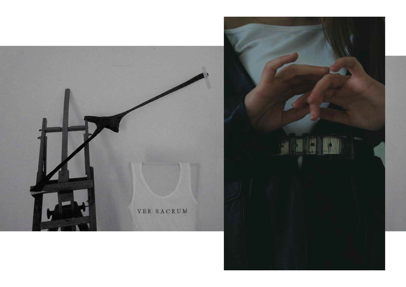 top “Ver Sacrum” ANN DEMEULEMEESTER, right: Leather Jacket KENZO VINTAGE SELECTION, asymmetrical top JACQUEMUS, black trousers LUCIO VANOTTI, silver belt STYLIST ARCHIVE