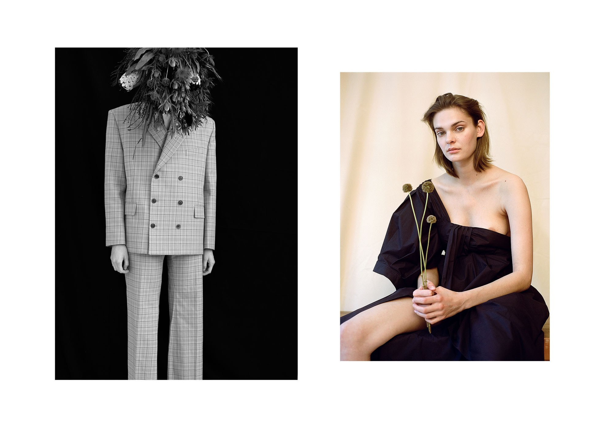 left blazer + pants Balenciaga, right Dress: Teija via matchesfashion