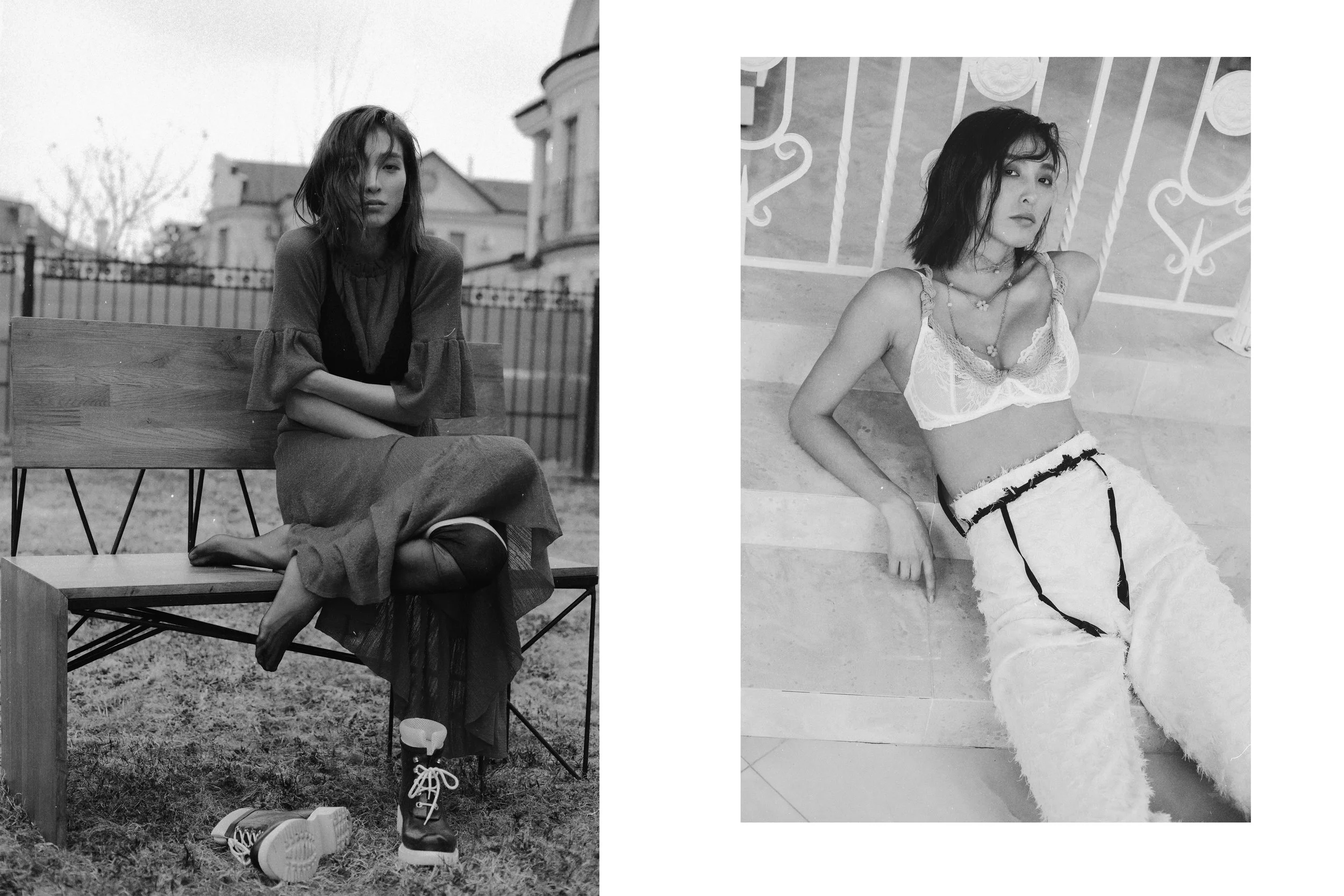 left Kalmanovich dress, Stella Maccartney bra Stockings Wolford, Shoes Ilse Jacobsenright Bra Triumph, Trousers Zara, Belt Passionata lingerie, Dries Van Noten shoes, Choker Ah Polina, Necklace of vintage