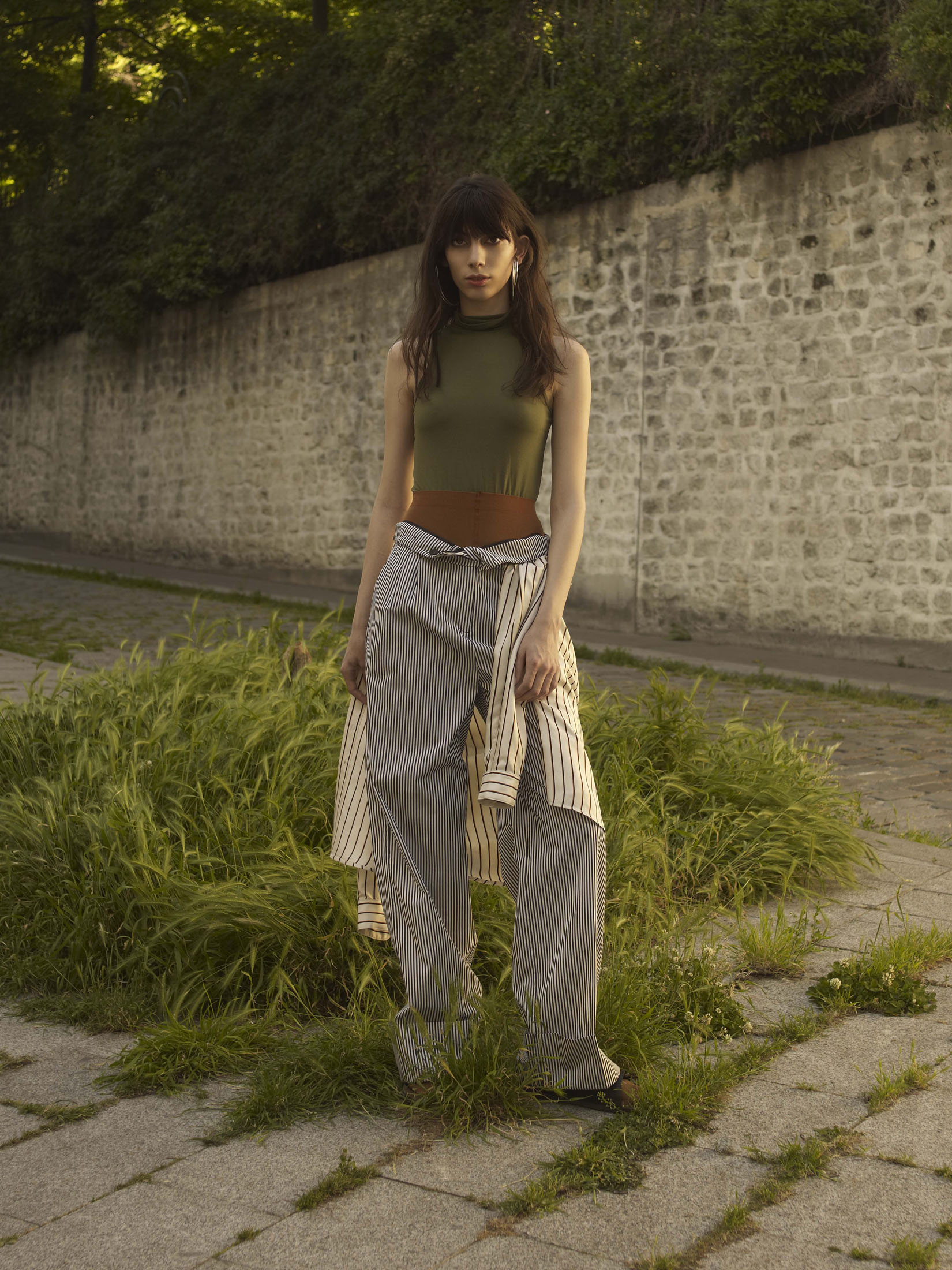 turtleneck top Vintage, stocking, ESPRIT, Pants Karine Lecchi, Shirt Karine Lecchi, Shoes Birkenstock, Earring Delphine Charlotte Parmentier