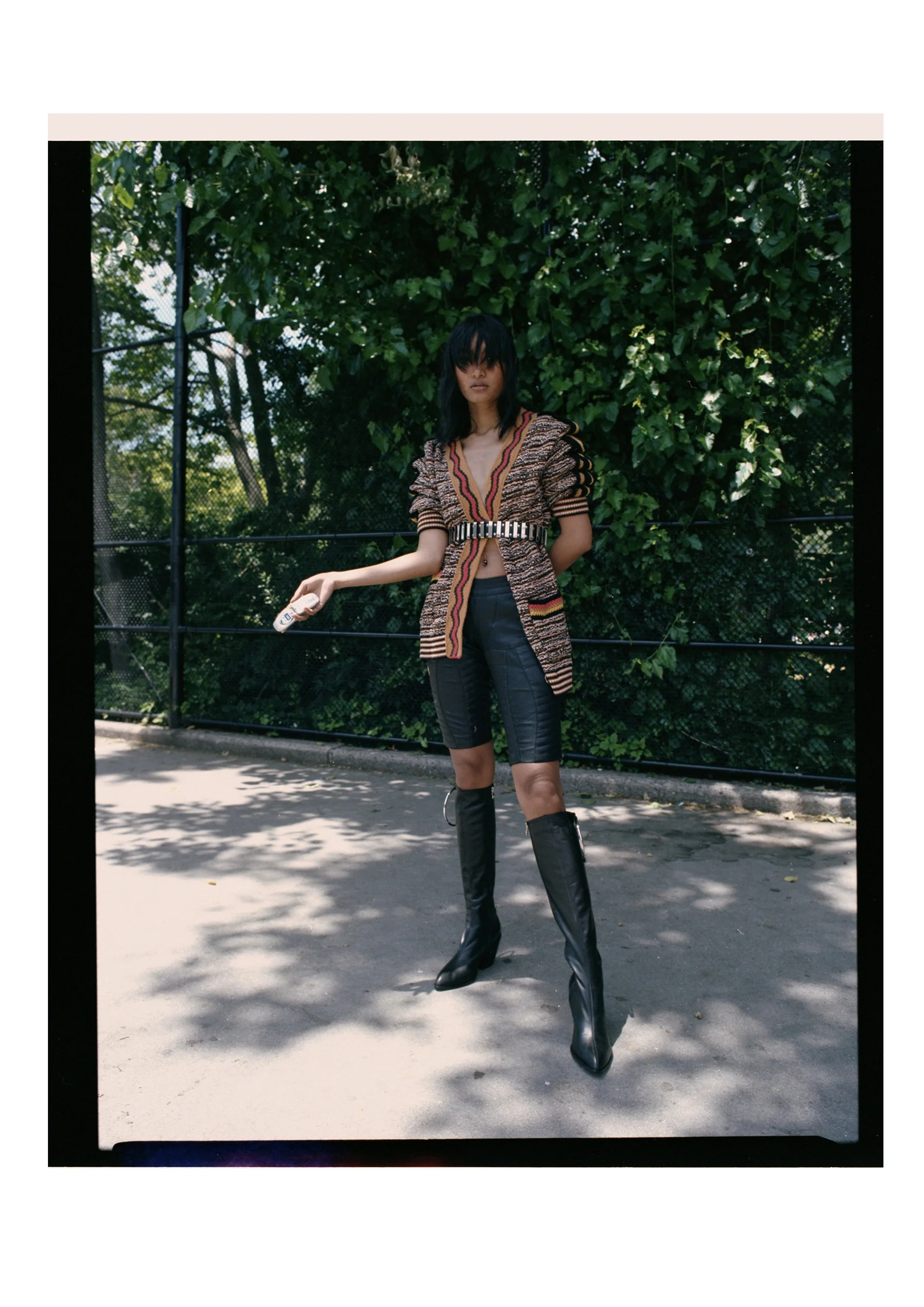 top M Missoni, pants CAROLINA SARRIA, belt STYLIST'S OWN, boots CALVIN LUO 
