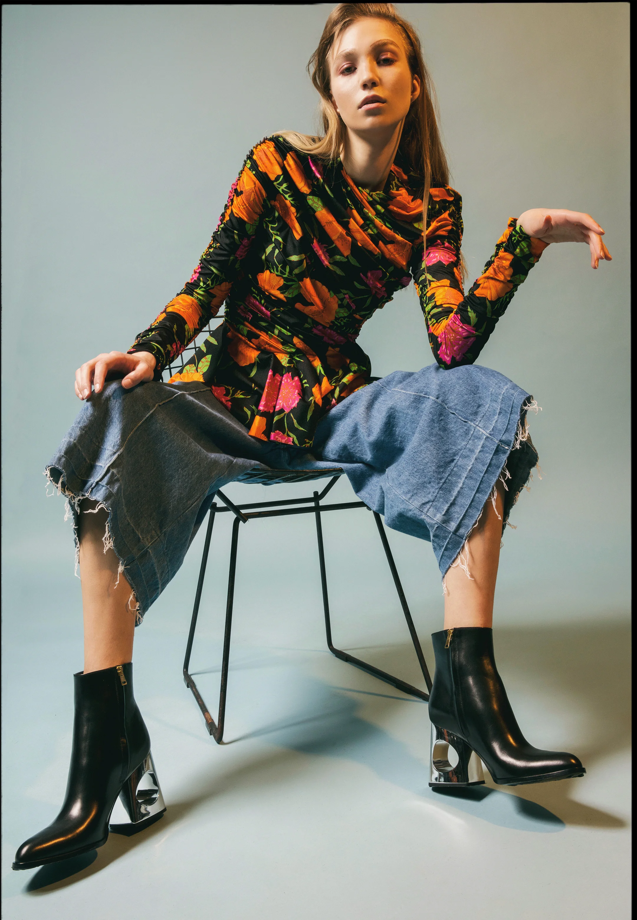 top BALENCIAGA available at Saks Fifth Avenue , denim SACAI available at Holt Renfrew , boots MARNI available at North42.com