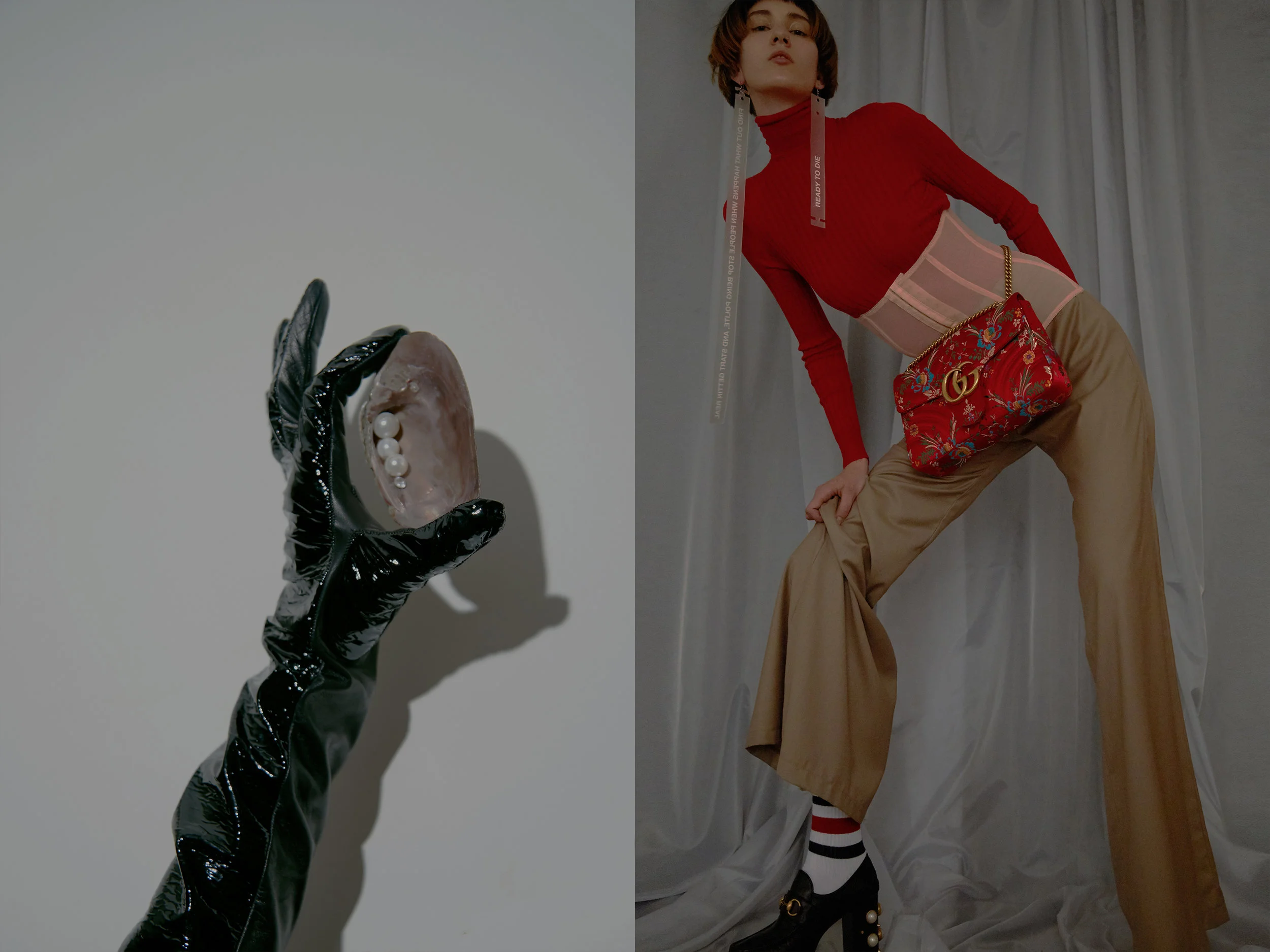 LEFT gloves PRADA. RIGHT jumper, socks, shoes and bag GUCCI, trousers PALOMA LIRA, earrings RTD, corset STYLIST OWN.