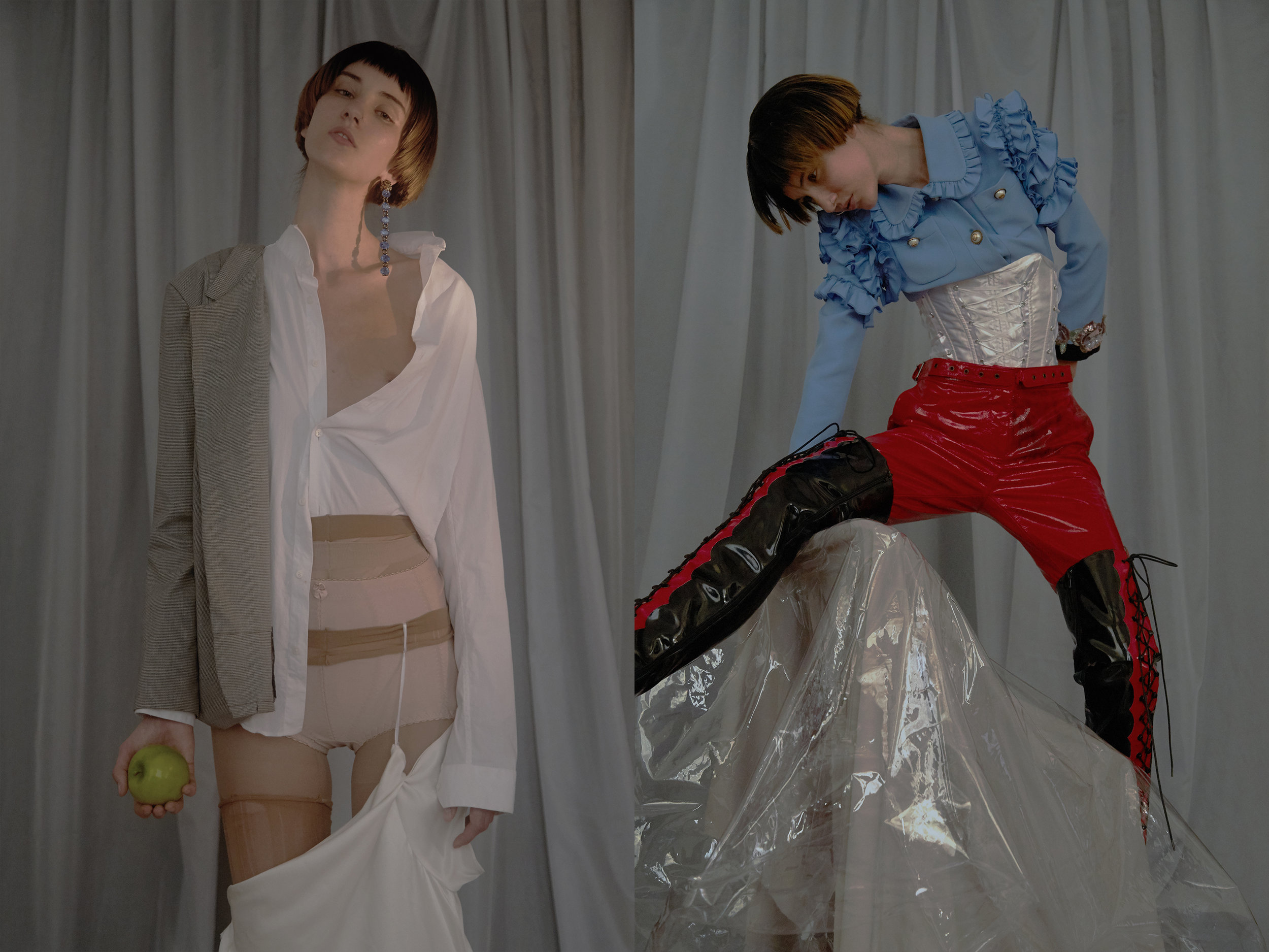 LEFT Jacket and shirt from TOPMAN, earrings GUCCI. RIGHT jacket GUCCI, trousers PRADA, boots and corset STYLIST OWN.