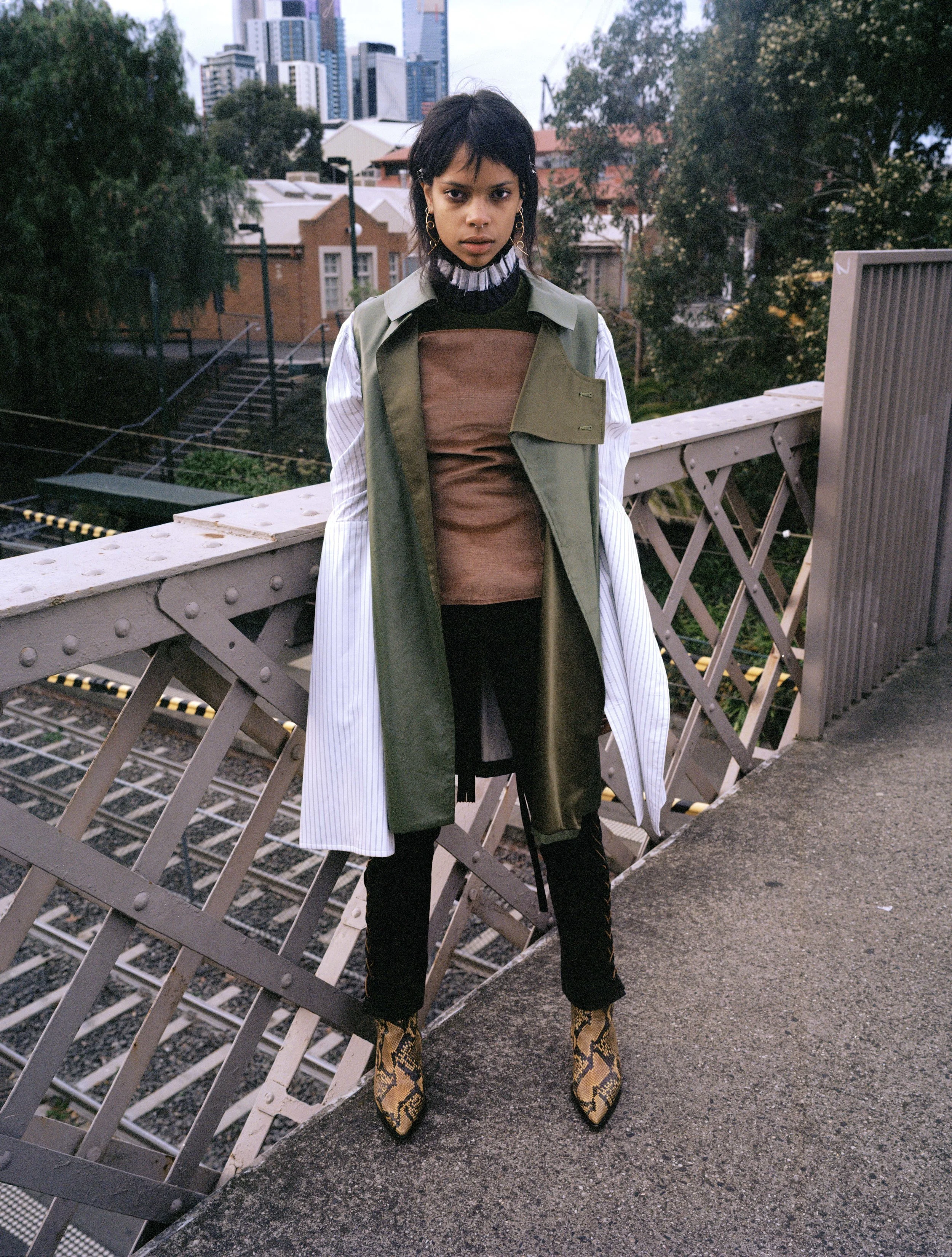 earrings HOLLY RYAN, top NESSIE CROFT, bodice HUGH WILLIAM STEWART, trousers YESTERYEAR VINTAGE, shoes ACNE