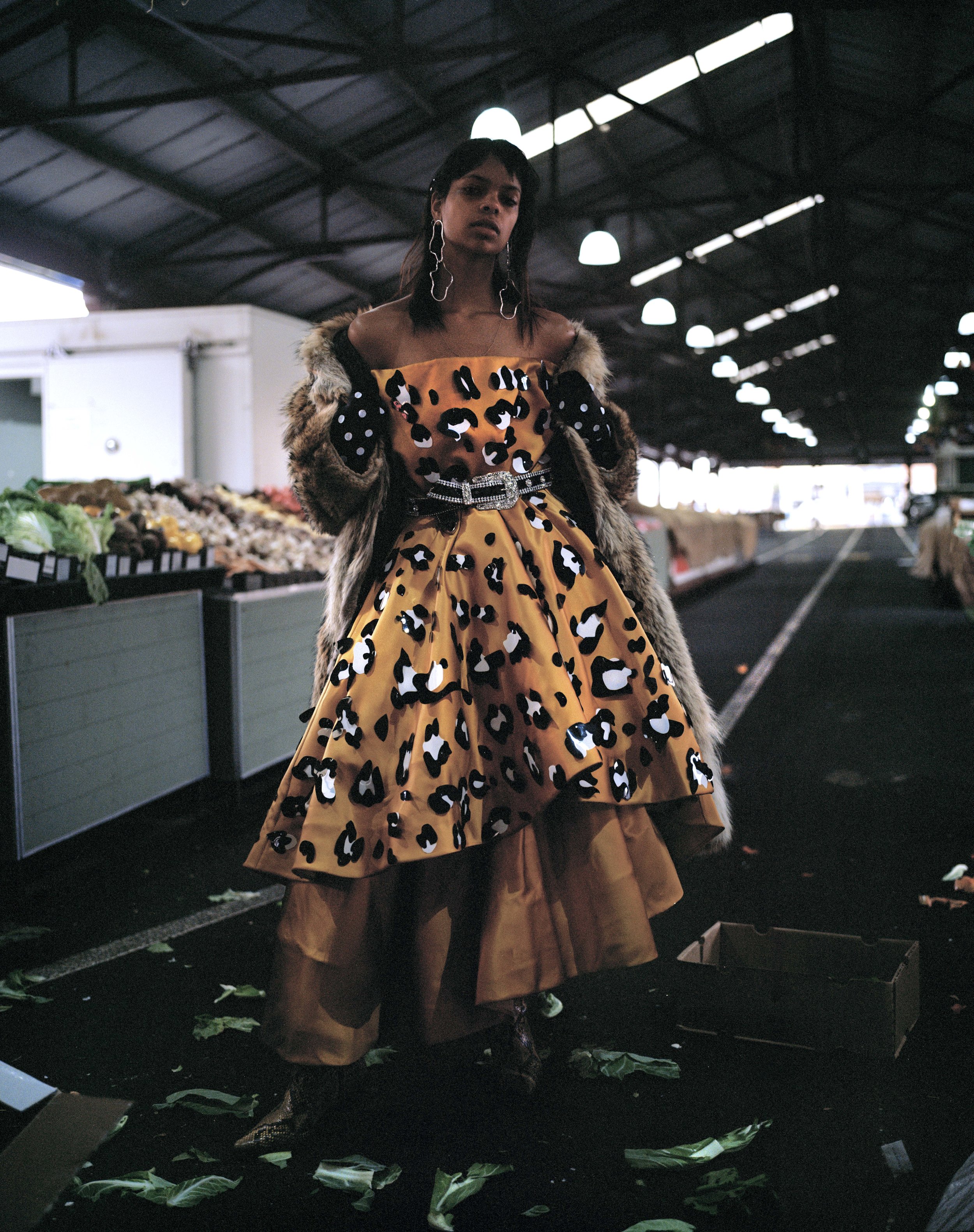 earrings HOLLY RYAN, belt STYLIST'S OWN, dress + gloves SARAH HOPE SCHOFIELD, jacket YESTERYEAR