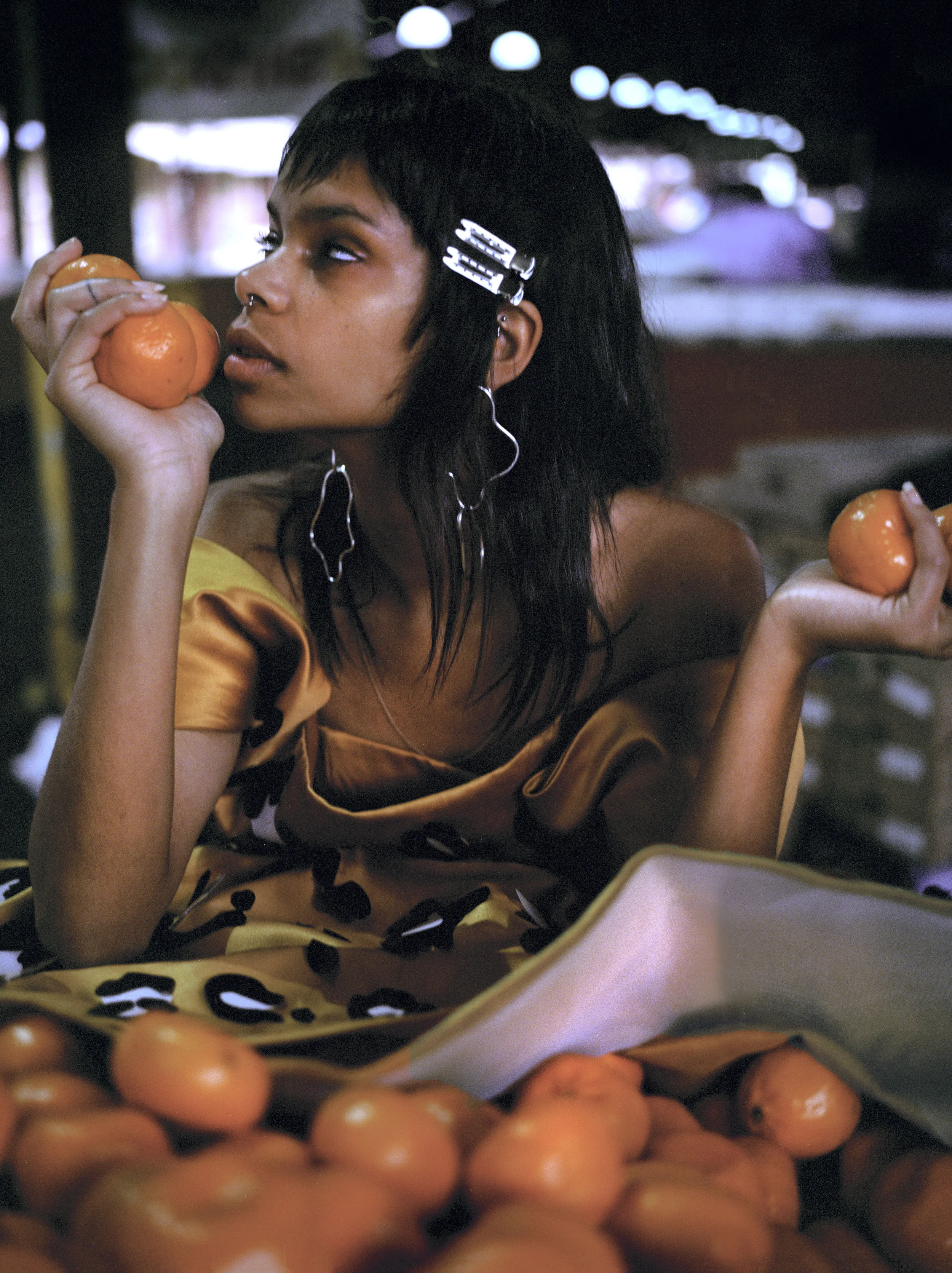 earrings HOLLY RYAN, belt STYLIST'S OWN, dress SARAH HOPE SCHOFIELD, 