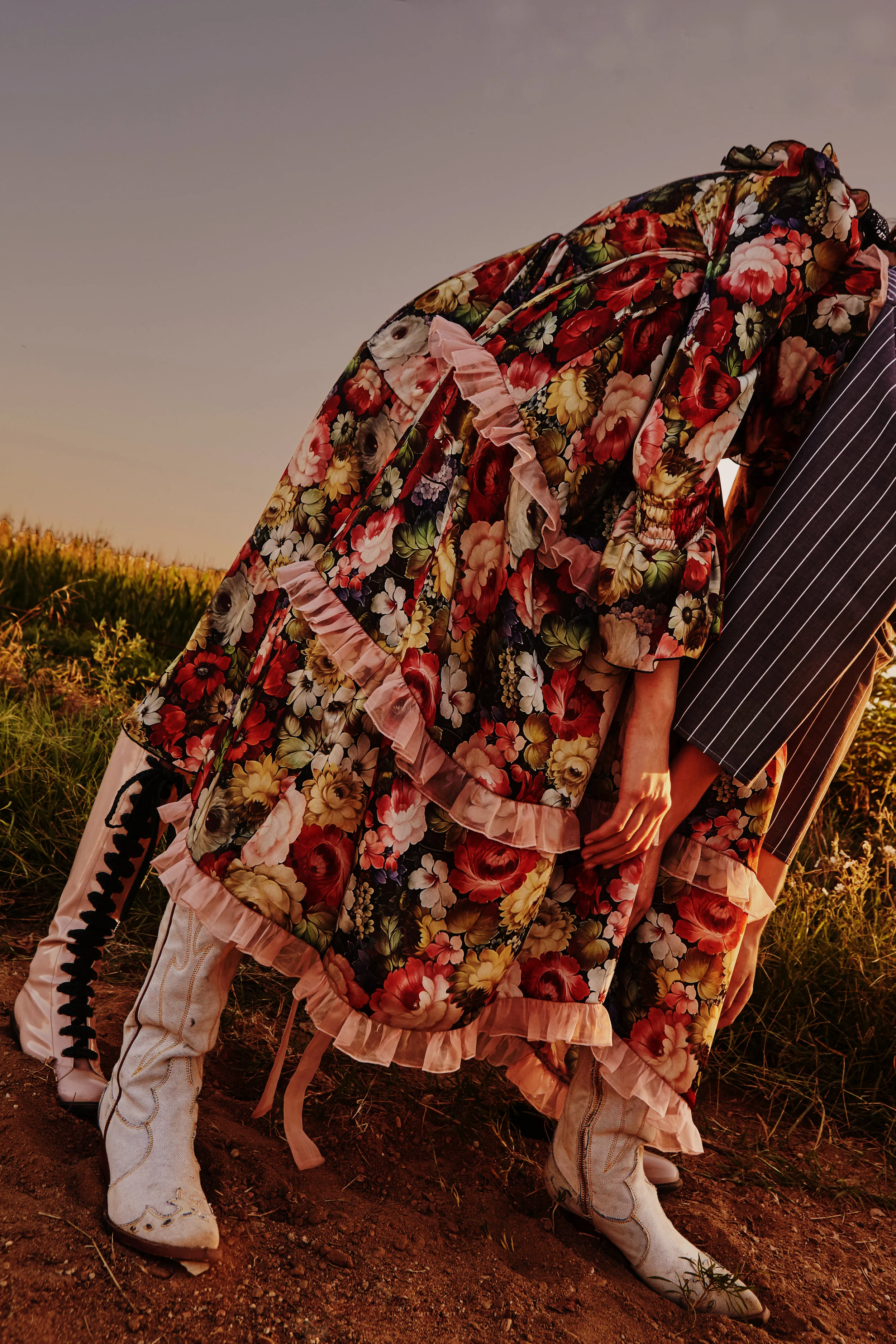 floral dresses Sveta, stripes shirt underneath Alessia Xoccato and boots AGL and Sonora