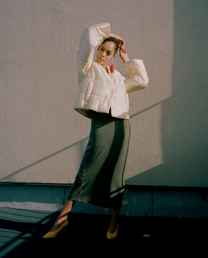 Jacket by Nanuska, Dress by Kes, Earrings by Closer by WWake, Shoes by Topshop