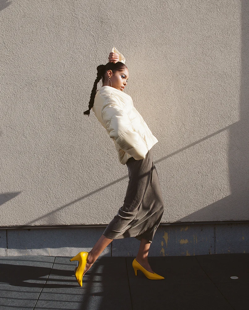 Jacket by Nanuska, Dress by Kes, Earrings by Closer by WWake, Shoes by Topshop
