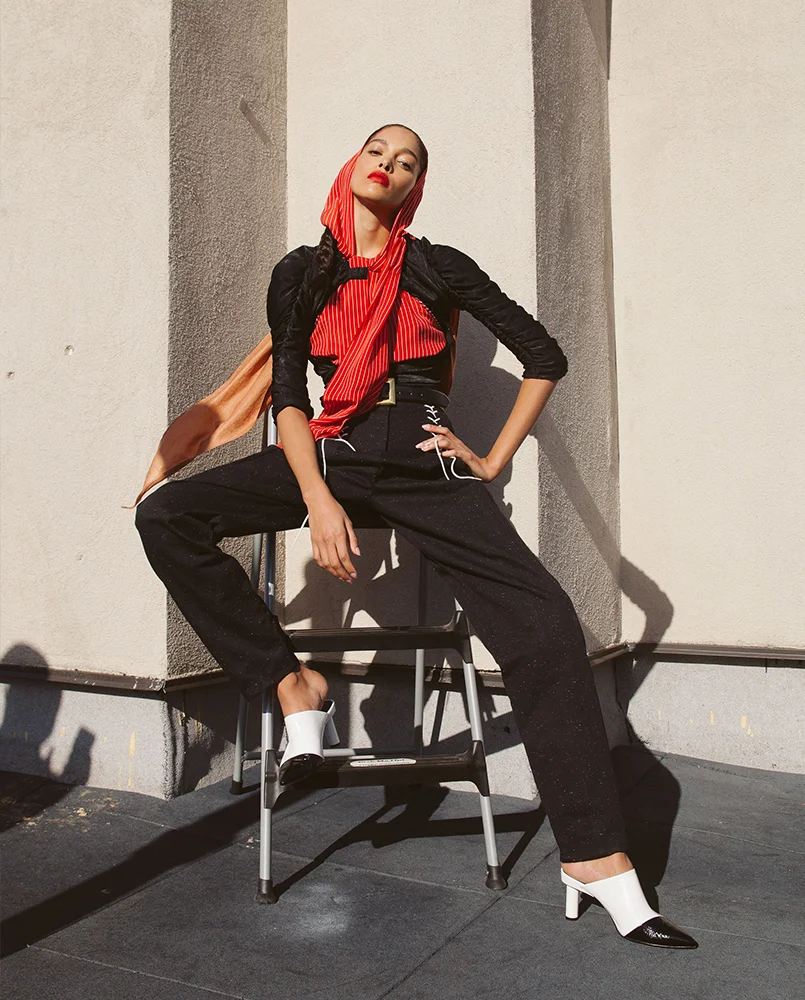 Top by Philosophy, Top (black) by Kahle Studio, Pants + shoes Tibi