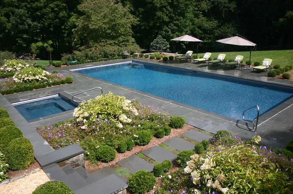 Ref ID 3 - Rectangle Swimming Pool with Sun Shelf, Square Spa and Blue Stone Patio in Greenwich, CT
