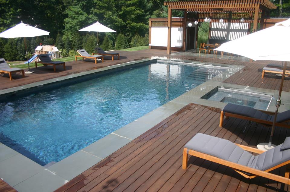 Ref ID - Custom wood decking patio around pool-spa combo with pool house in Greenwich, CT