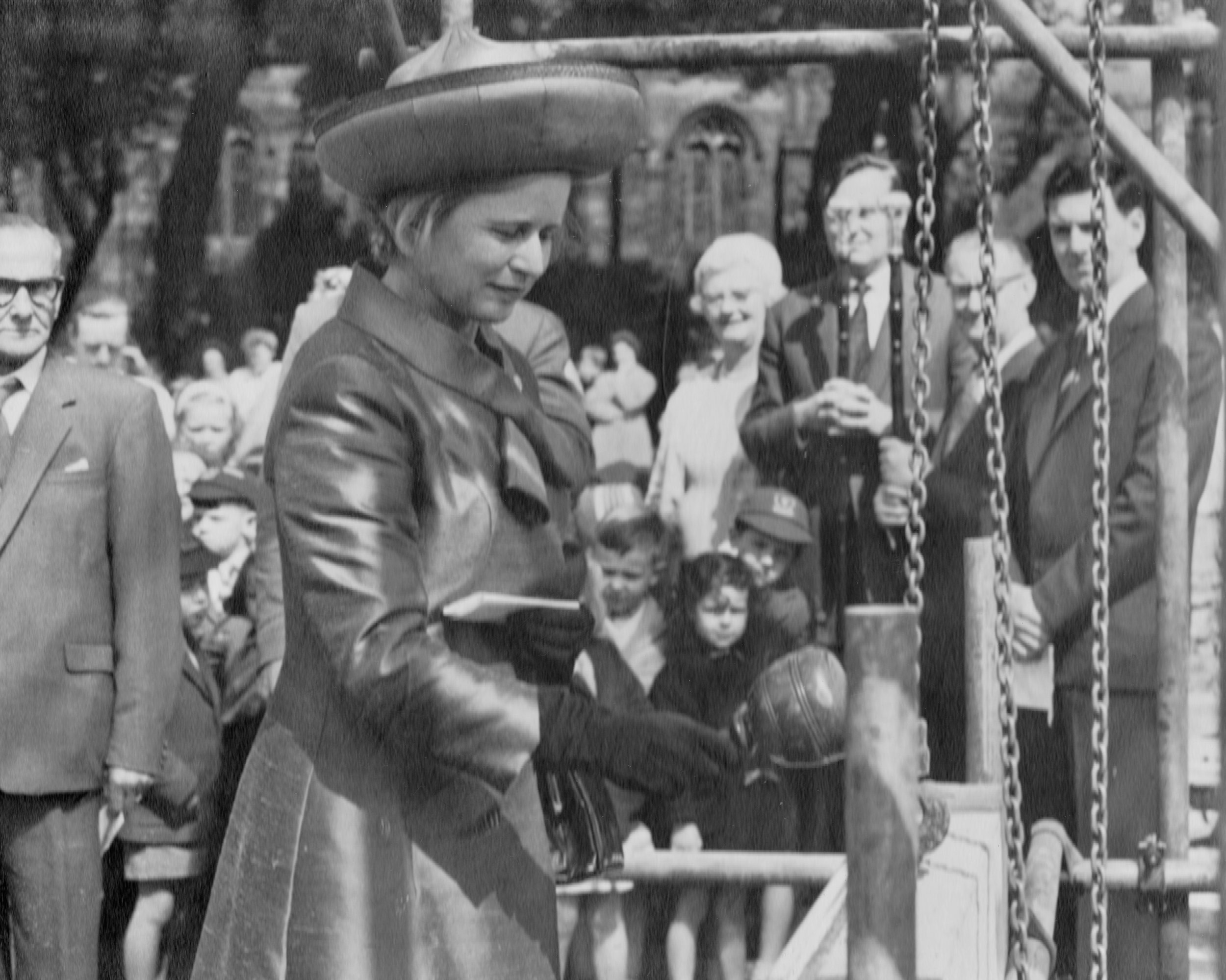 Councillor Kathleen Ollerenshaw M.A. D.Phil, laying the foundation stone of the new All Saints', Newton Heath Primary School, on Saint James' Day 1963.