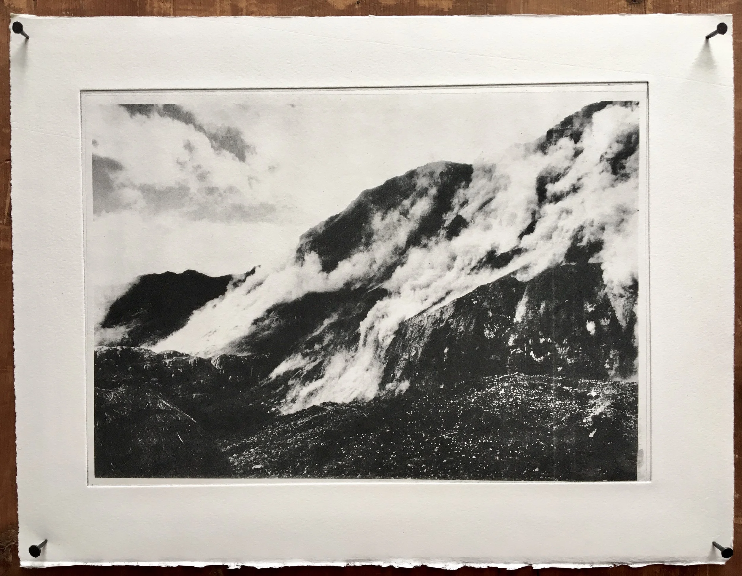 photographic etching, archival image by John Glasgow (NZ) of earthquake in Peru circa 1969. Printed 2015