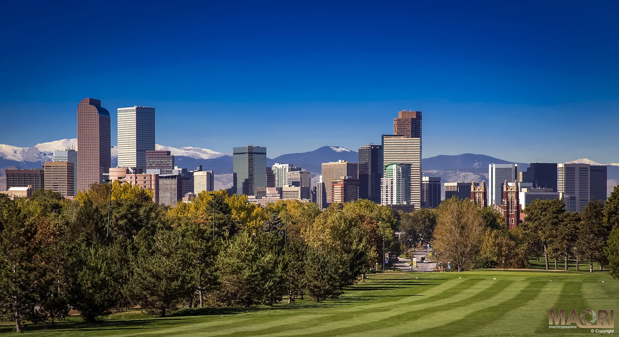 Denver Colorado skyline with mountains