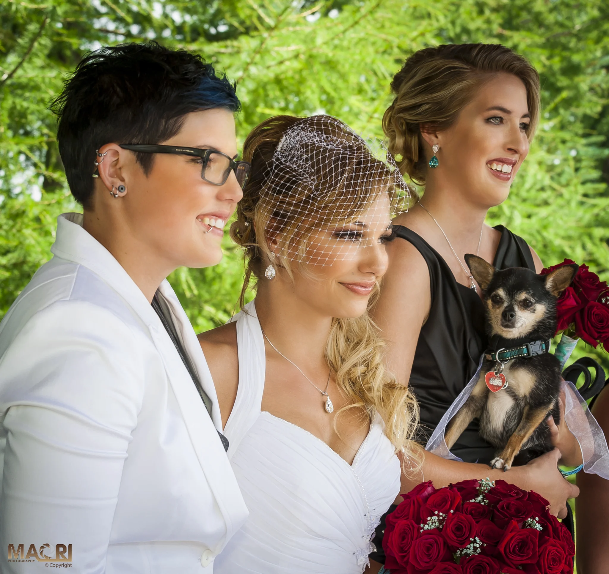 Christa & Amber with best dog and maid of honour.
