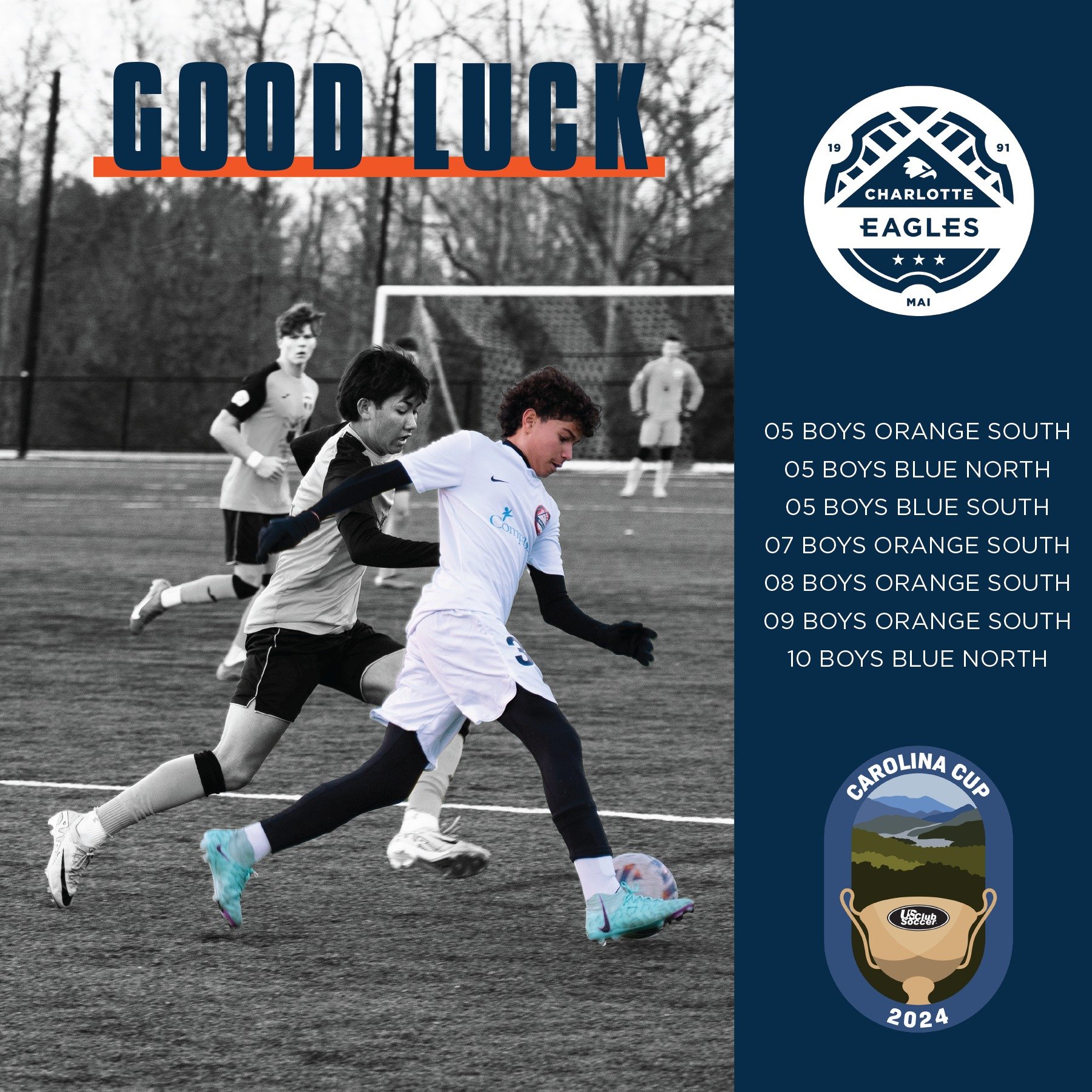 Best of Luck to our Select Teams that are headed to North Myrtle Beach South Carolina for the Carolina State Cup hosted by the Carolinas Champions League! Go Eagles! 🧡 🦅

#SoliDeoGloria #CharlotteEagles #CarolinaChampionsLeague #YouthSoccer #USClub