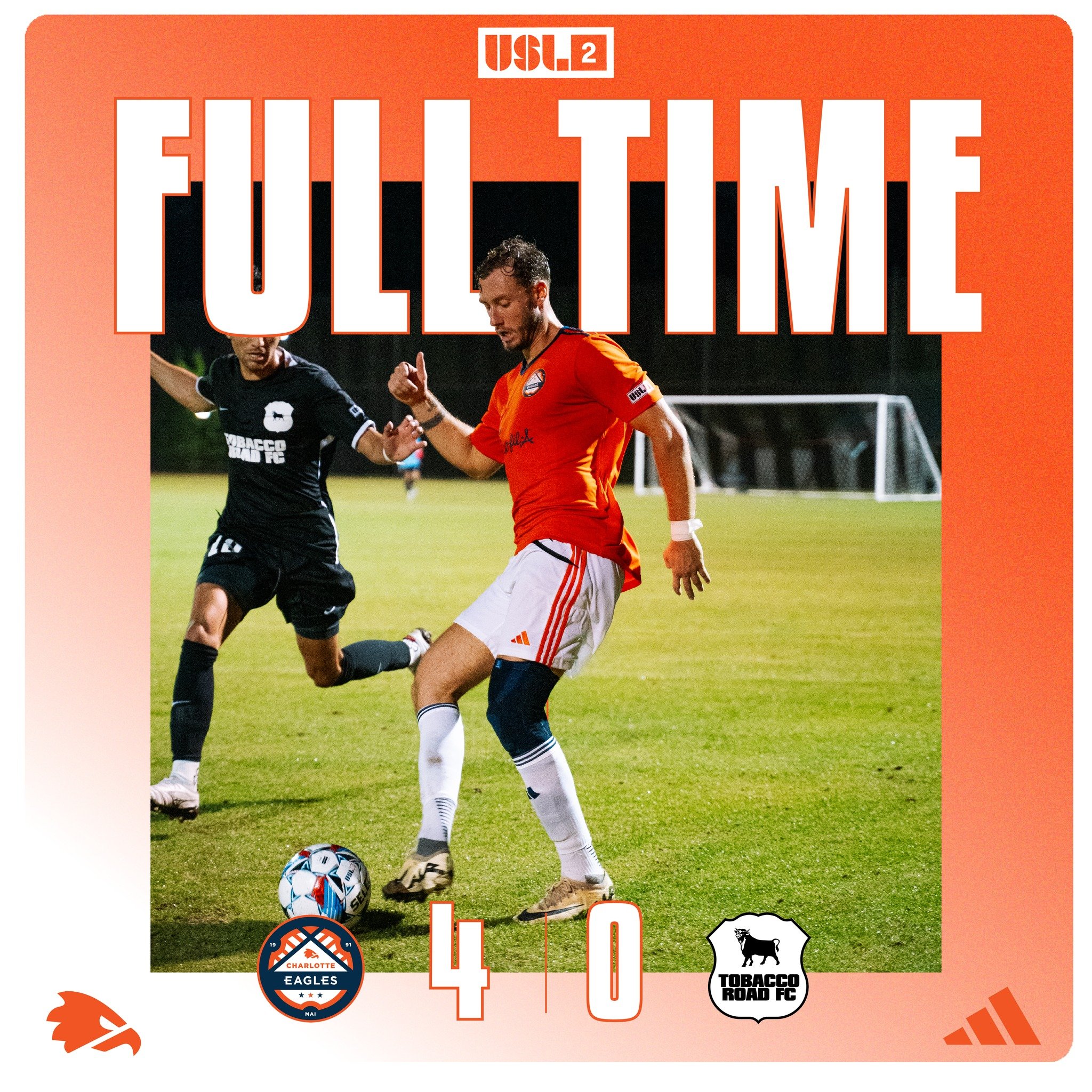 FINAL SCORE 🦅

Great 4-0 win against Tabacco Road at the Eagles first home game of the Season. 

Danjon scored two in the first half and Cerda-Tous scored one in the first and one in the second half. 

Thanks to everyone who came out to cheer on the