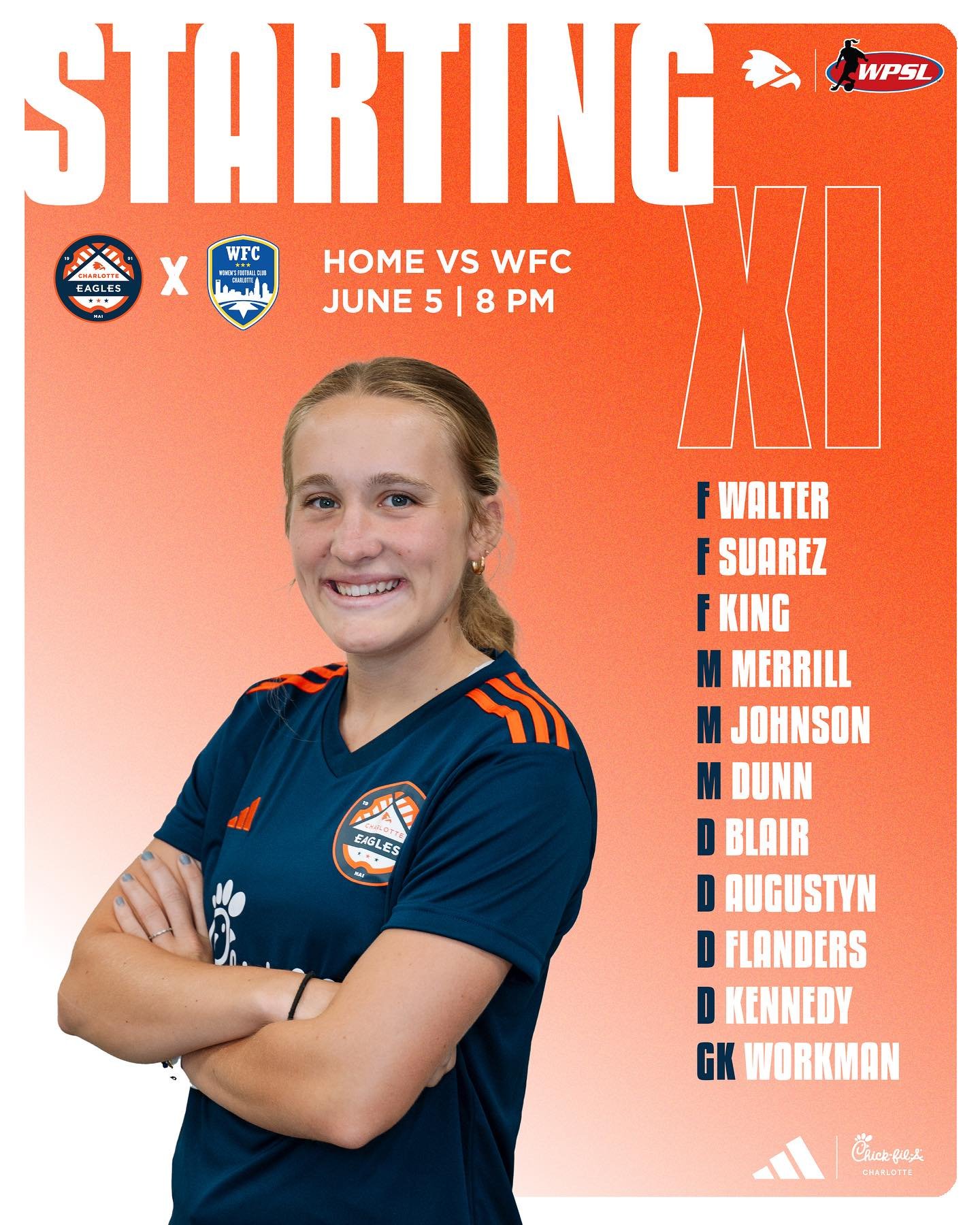 🦅 STARTING XI 🦅

Your staring lineup for the WPSL Home Game tonight @ 8 PM!

Come out and support at Charlotte Christian Guy Field or watch tonight&rsquo;s match live on the link in our profile 🔗 

#SoliDeoGloria