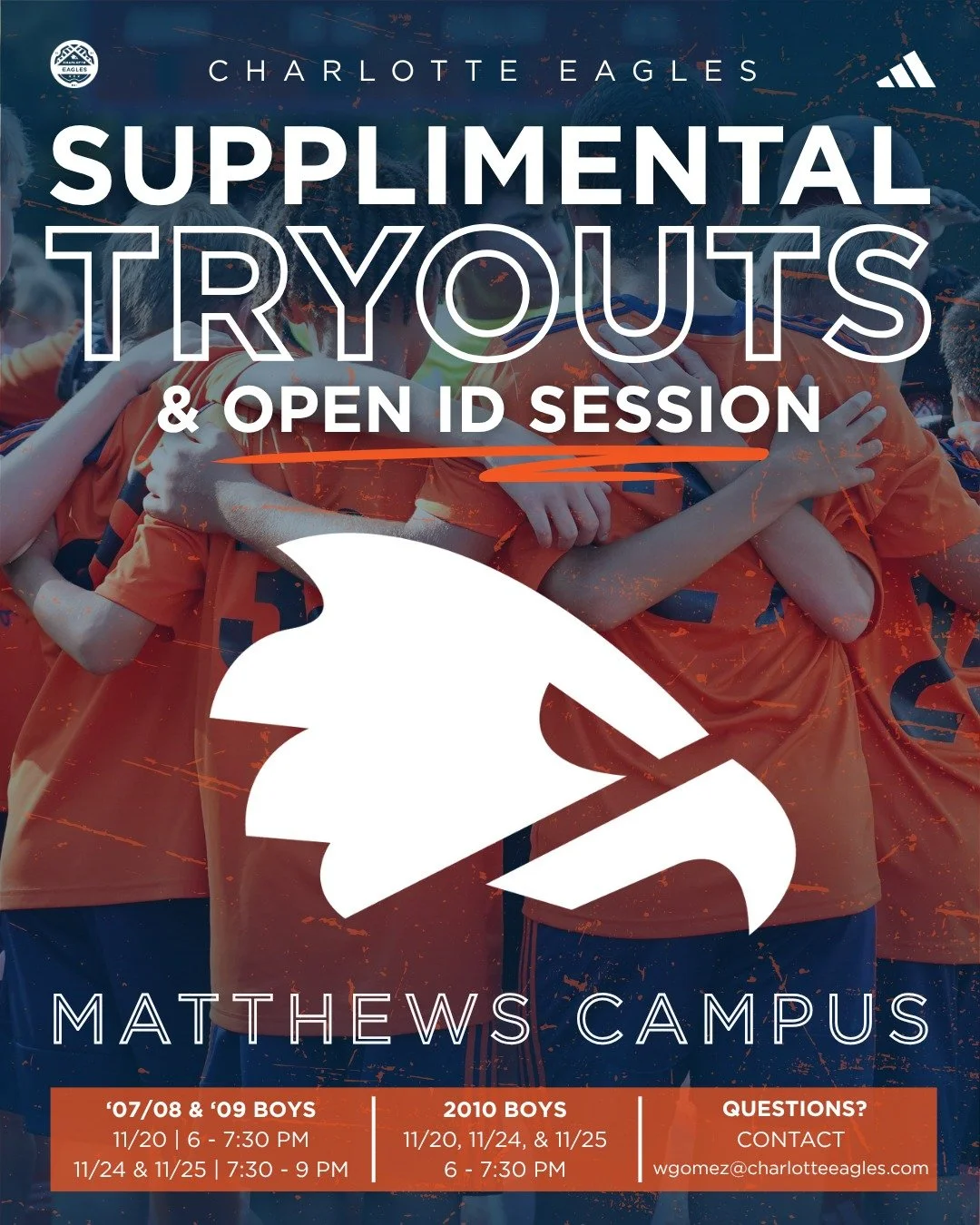 Interested in playing club soccer with the Charlotte Eagles? ⚽️ We&rsquo;re hosting supplemental tryouts and open ID sessions this November and December!

📍 Waxhaw &amp; Matthews Campuses
👥 Birth years: 2007&ndash;2010

Don&rsquo;t miss your chance