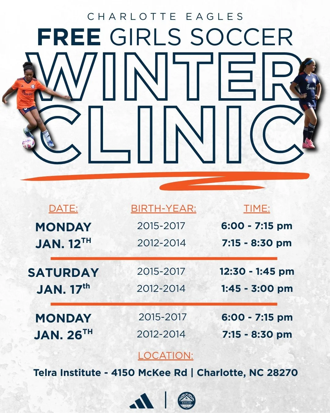 The Charlotte Eagles are excited to host a FREE Winter Clinic for girls in the Charlotte area! ⚽️❄️ Interested? Contact Bess Harrell at bharrell@charlotteeagles.com
or click the link in our bio to register!

🗓️ Mon. Jan 12 | Sat. Jan 17 | Mon. Jan 2