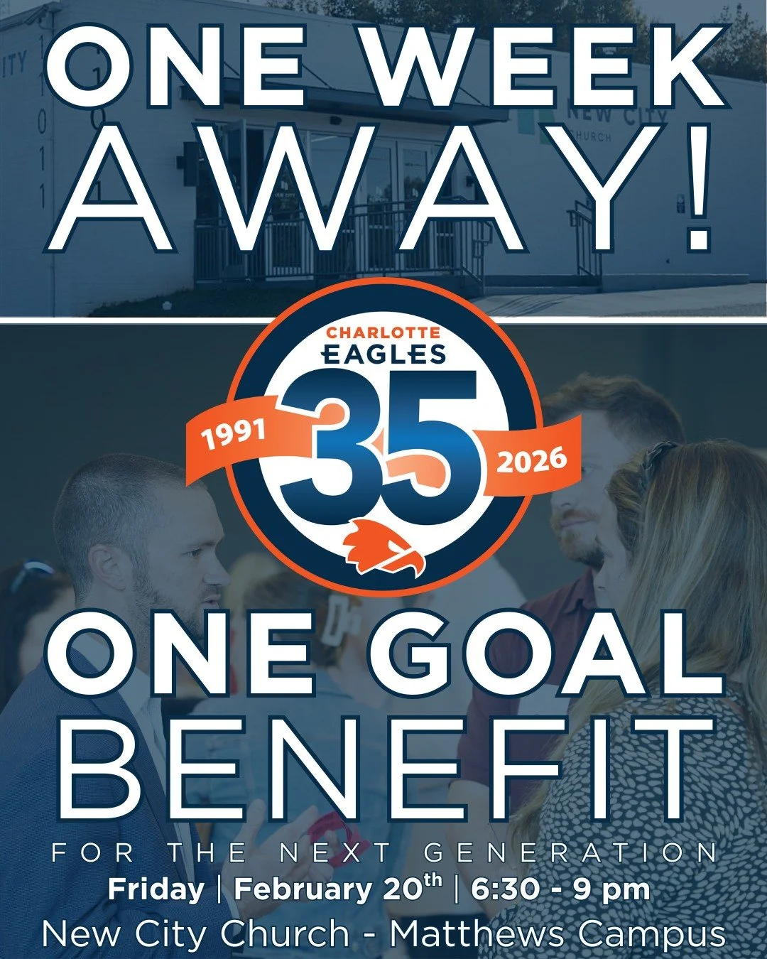 Our Charlotte Eagles One Goal Benefit is just ONE WEEK AWAY 🎉 

We can't wait to spend the evening with you, celebrating all God has done across 35 years of this ministry 👏

🗓️ Friday, February 20th from 6:30 - 9 pm
📍New City Church - Matthews Ca