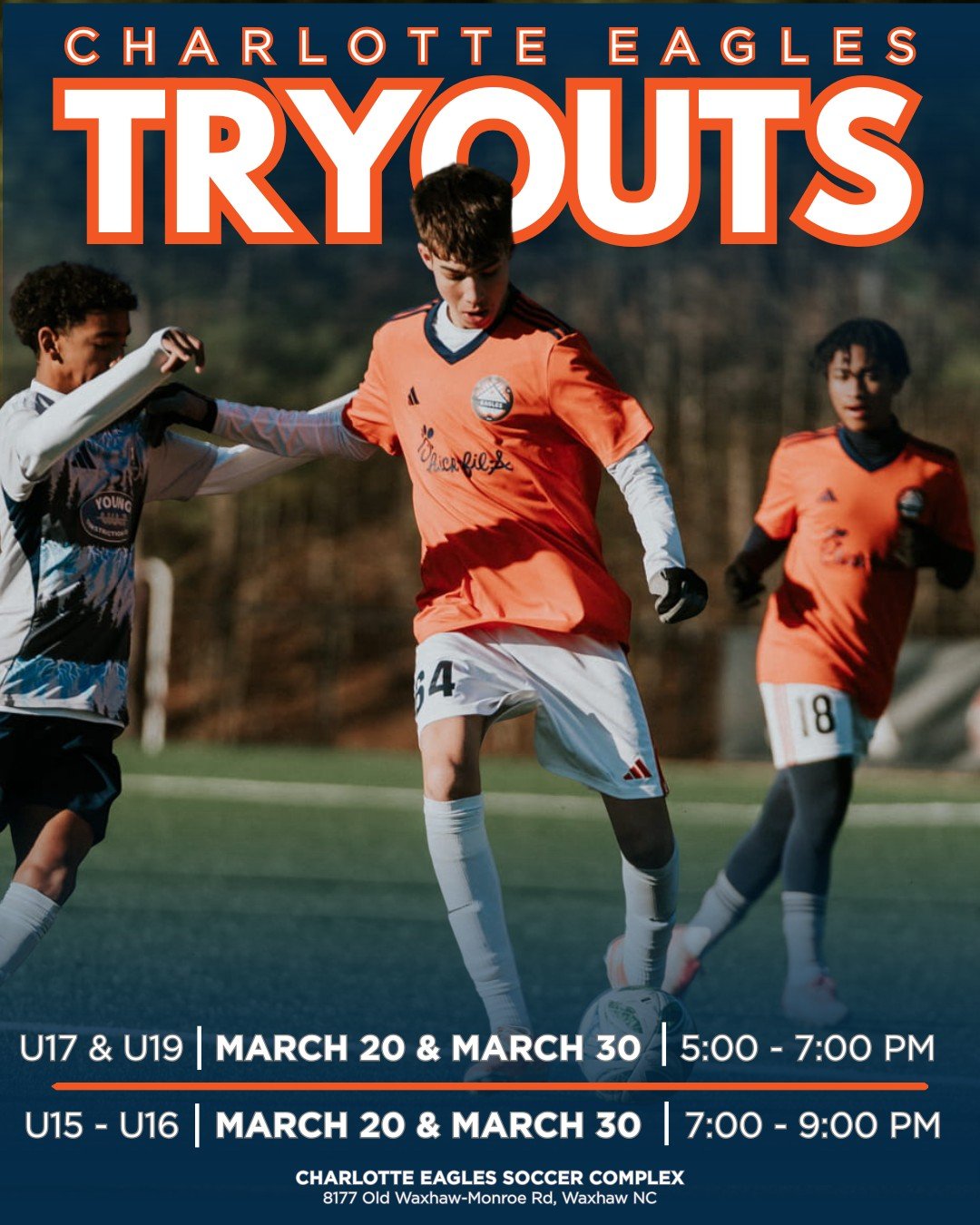 JOIN THE CHARLOTTE EAGLES FAMILY! 🦅⚽️

Tryouts for our U15-U19 teams based in Matthews are just around the corner! 🙌

🗓️ March 20th &amp; 30th, 2026
📍 Charlotte Eagles Soccer Complex

Stay tuned&hellip; New Leagues information coming soon! 👀👀

