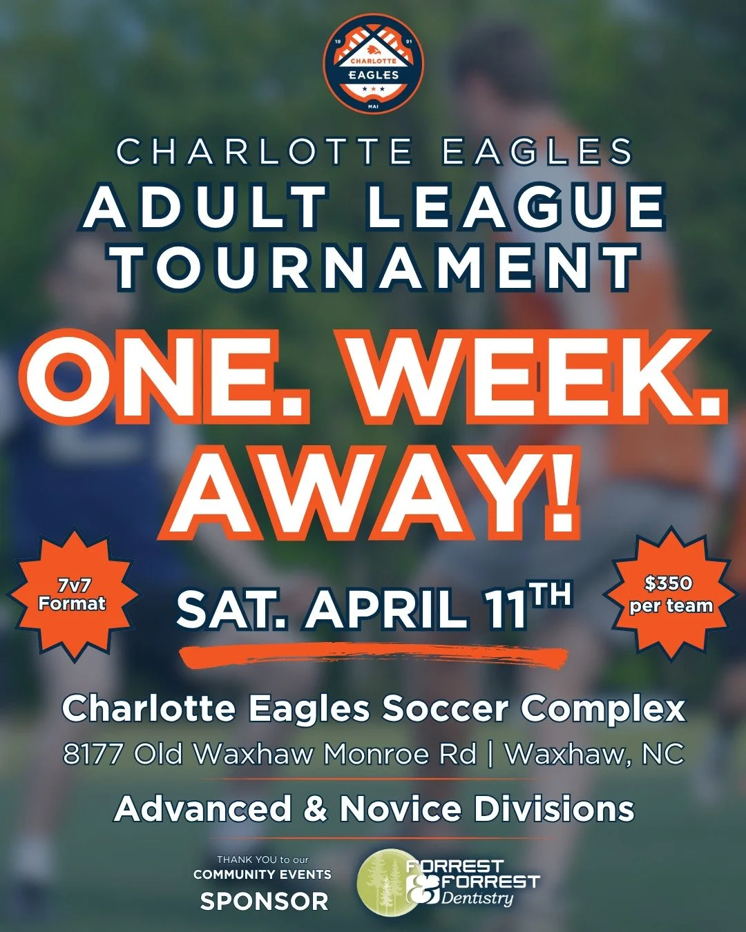 The Charlotte Eagles Adult League Tournament is LESS THAN ONE WEEK AWAY! 🔥

So you've got your squad together, all that's left to do is register... click the link in bio to lock your team in for the weekend 💪

#SoliDeoGloria