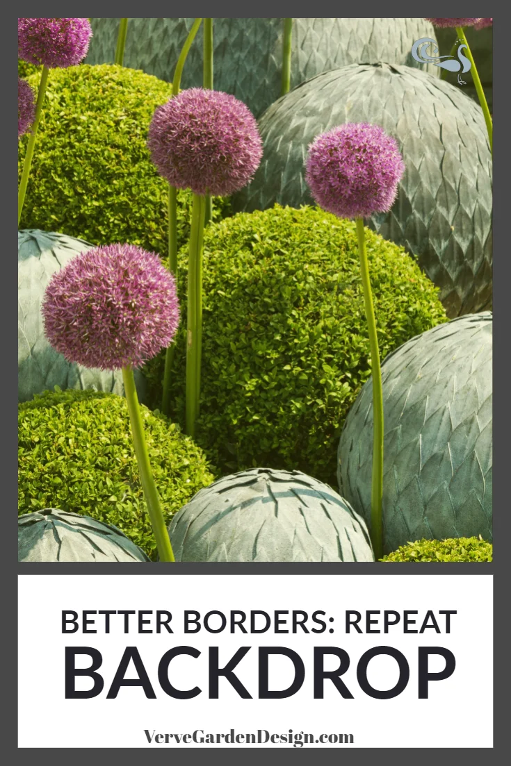Sculptural artichoke balls (from A Place in the Garden) woven through a simple border of Alliums and Buxus balls act as a whimsical backdrop. Image: Lorraine Young/Verve Garden Design.