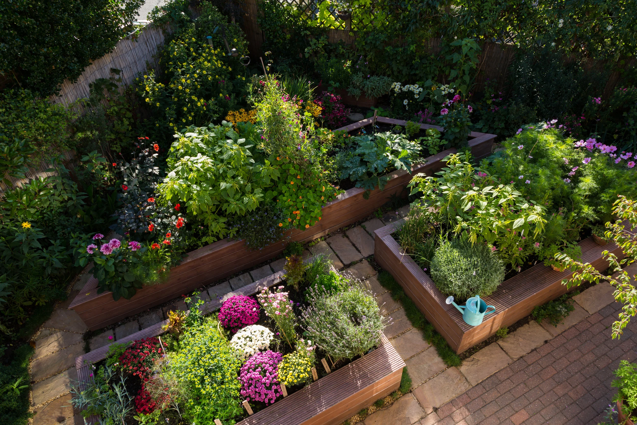 Wood raised bed kitchen garden made from deck boards. Designer: Lorraine Young. Image: Chris Denning/Verve Garden Design.