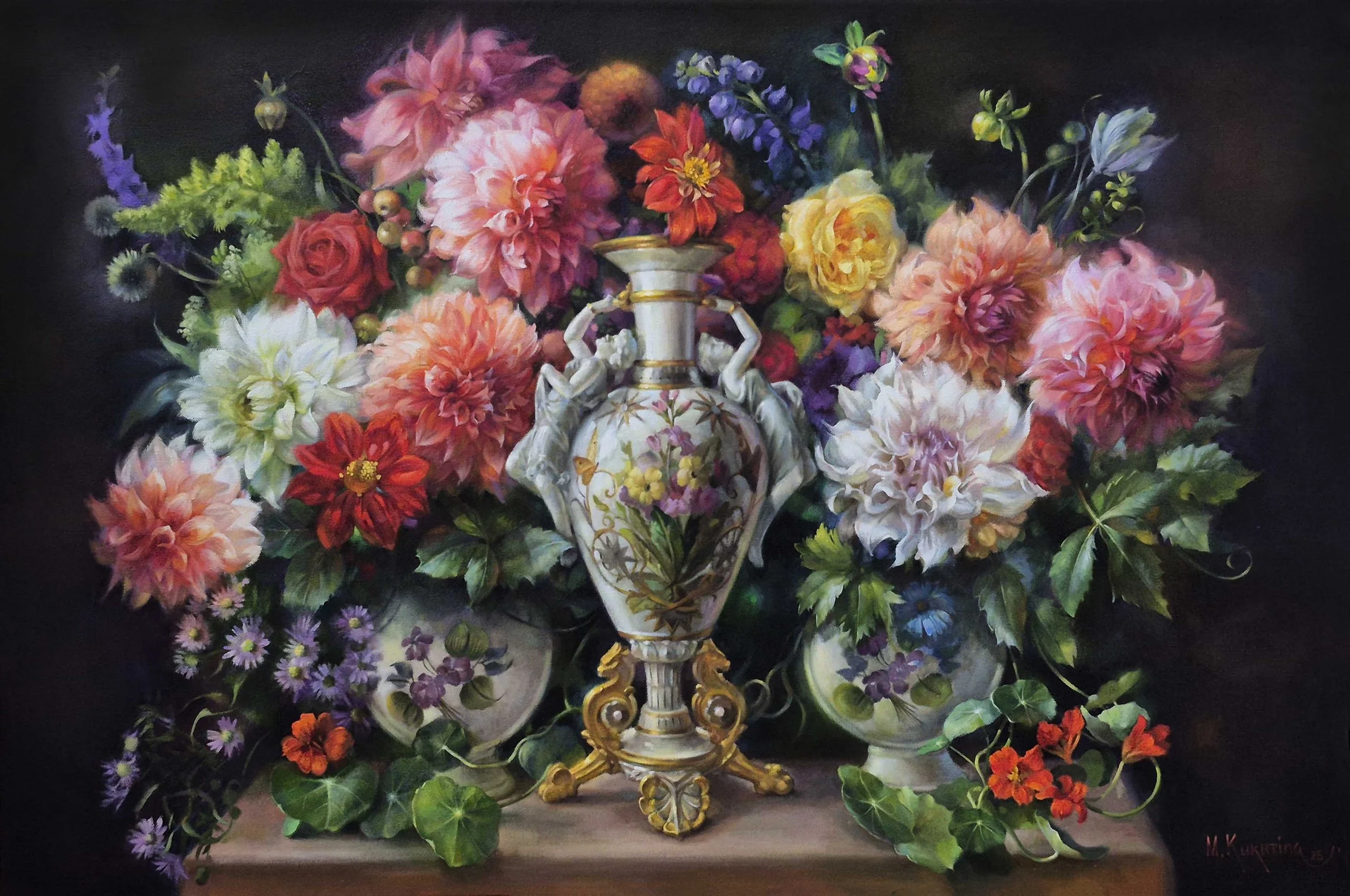 Antique Vase and Dahlias.  36"х24"