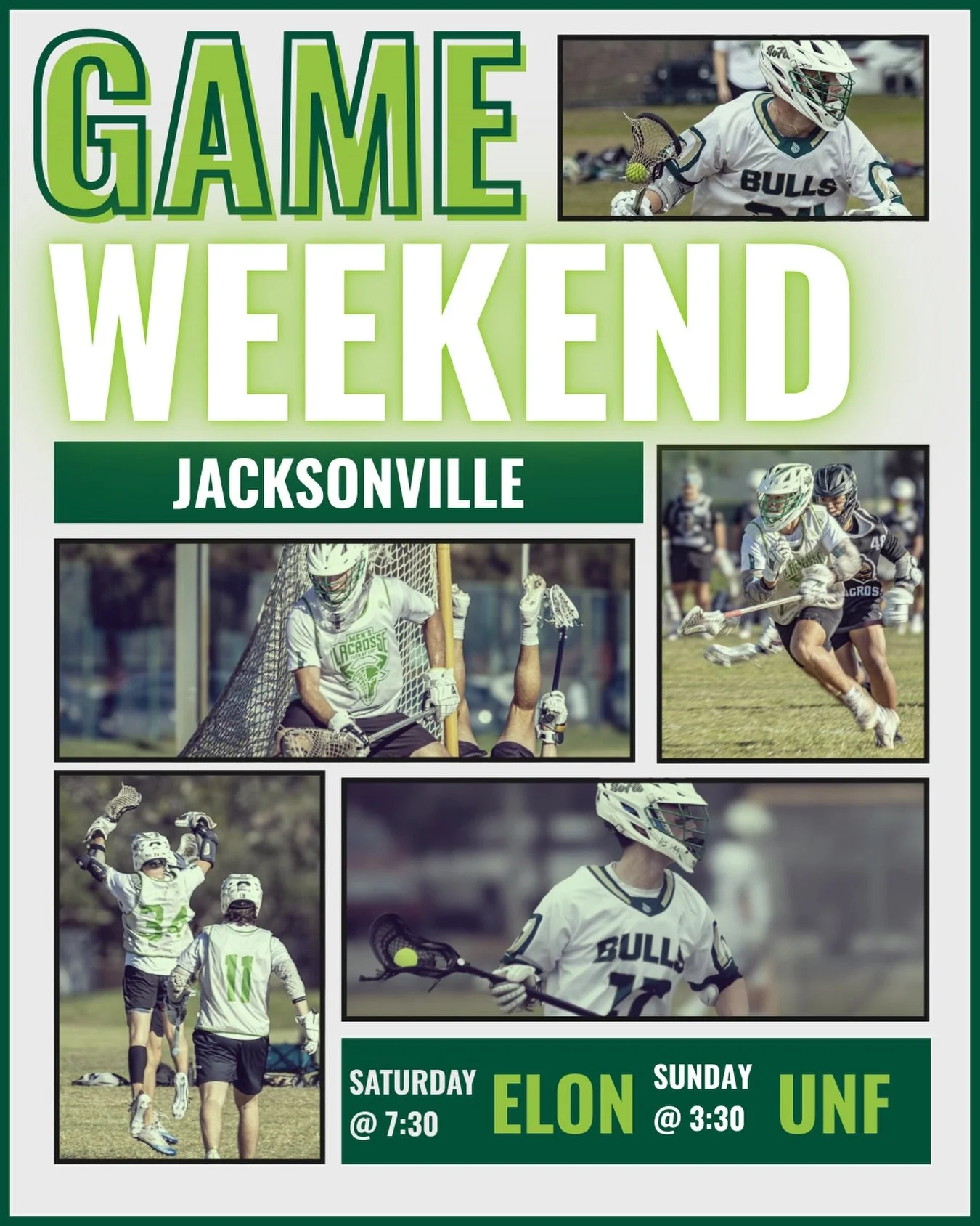 ITS BULLS GAME WEEKEND. 
JOIN US IN PERSON OR WATCH OUR STREAM AS WE FACE UNF AND ELON IN JACKSONVILLE. 

Field address: 1 UNF Dr., Jacksonville, FL 32224

WISH OUR BOYS LUCK THIS WEEKEND AND GO BULLS