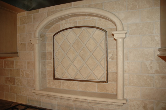 This is a custom-fabricated focal point; all of the components were hand-crafted out of Durango stone in our studio. 