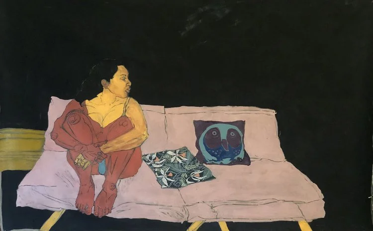 Ruth Rodriguez Pink Couch with an Orange Sentimen t 2018 Flashe and fabric on canvas 60x38”