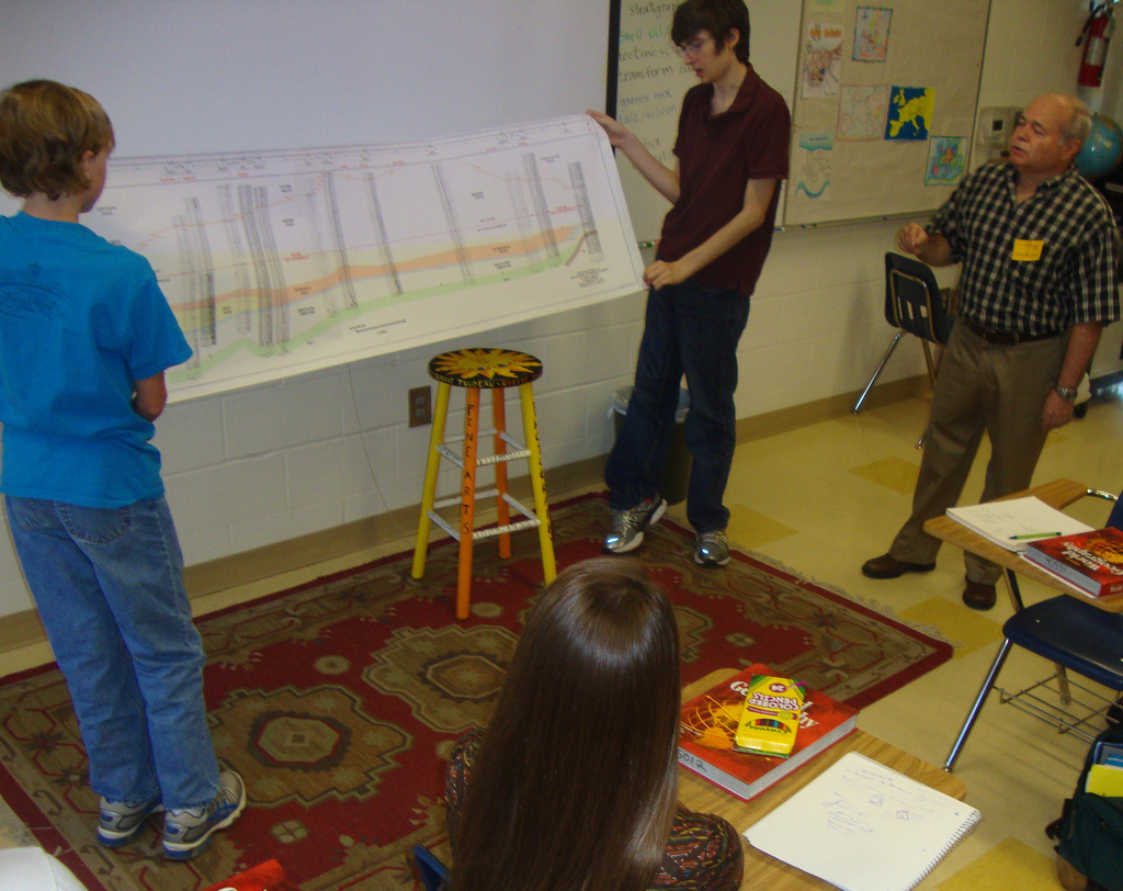 SGS Member Dr. Mike Roberts, far right, explains a geologic cross section to students.