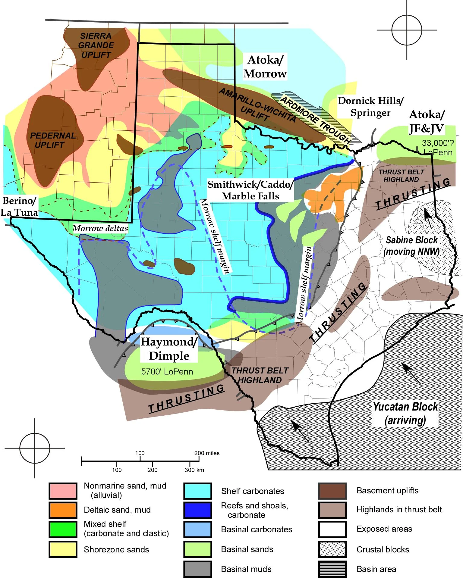 SYNTHESIS – PENN. (Atoka) Yucatan/Gondwana arrives, basins everted