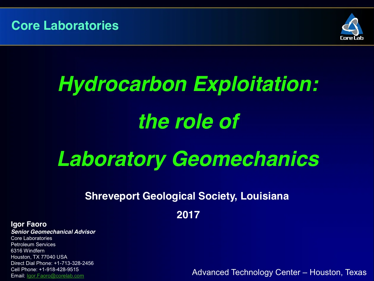 Corelab - Hydrocarbon Exploitation the role of Laboratory Geomechanics - Igor Faoro - Slide 1.jpg