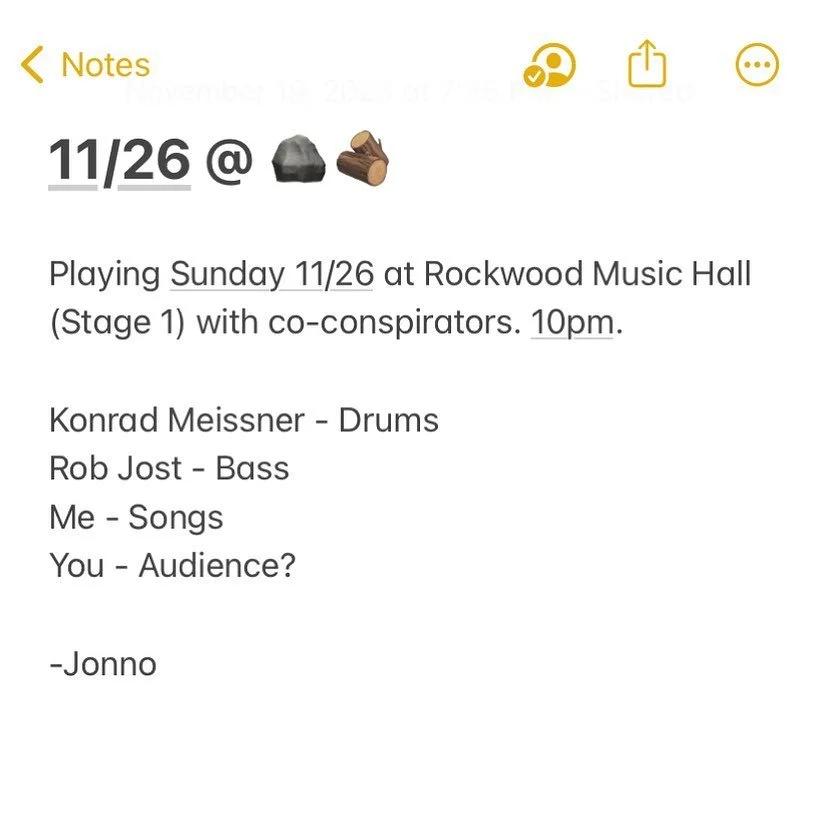 Playing Sunday 11/26 at Rockwood Music Hall (Stage 1) with co-conspirators. 10pm.

Konrad Meissner - Drums
Rob Jost - Bass
Me - Songs
You - Audience?

-Jonno