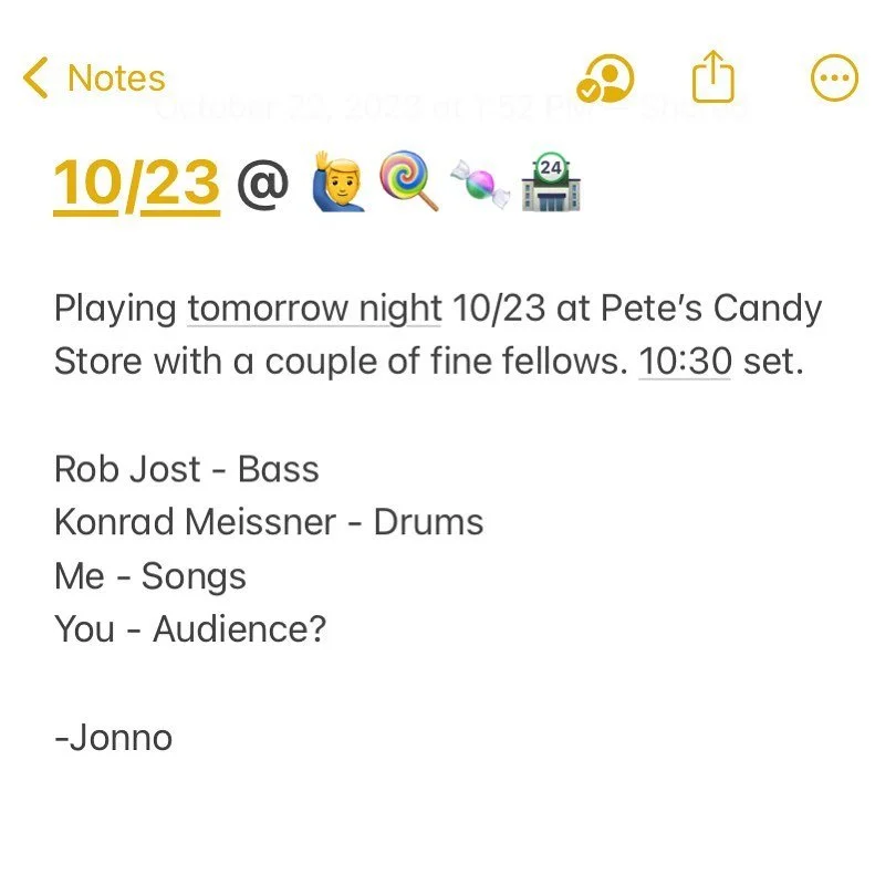 Playing tomorrow night 10/23 at Pete&rsquo;s Candy Store with a couple of fine fellows. 10:30 set.

Rob Jost - Bass
Konrad Meissner - Drums
Me - Songs 
You - Audience?