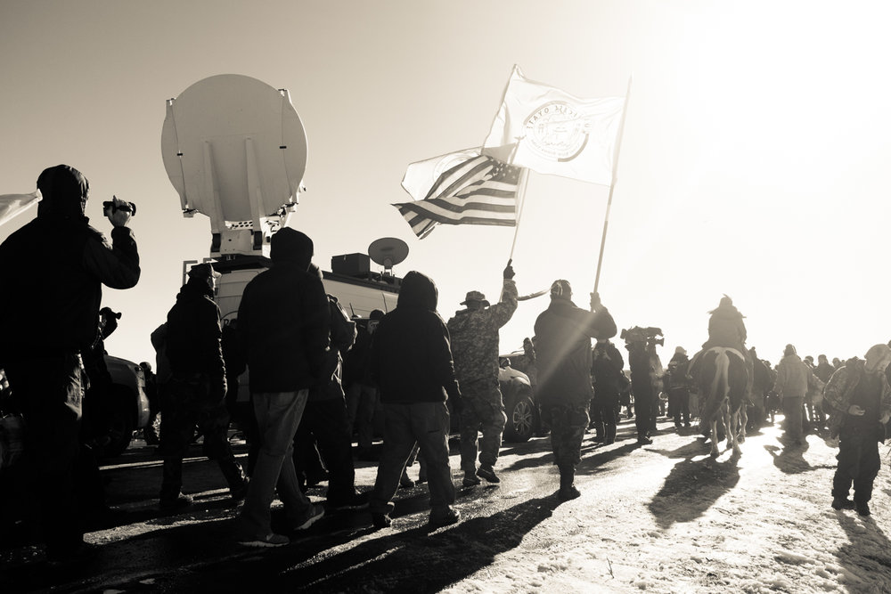 A peaceful demonstration on Highway 1806, next to the Oceti Sakowin camp.
