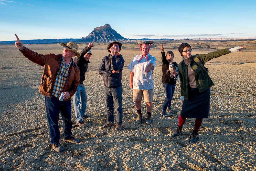 The cast and crew of Echo People, with Mystery Mountain in the background.