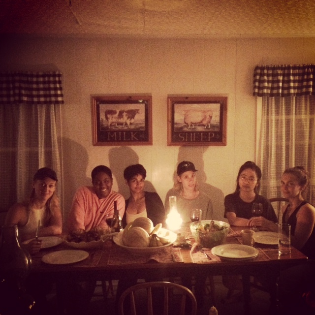Hannah Cheeseman, Onyeka Igwe, Aliya Pabani, Lindsey Clark, Amy Lam and Liz Peterson enjoy dinner at StoneBoat Farm